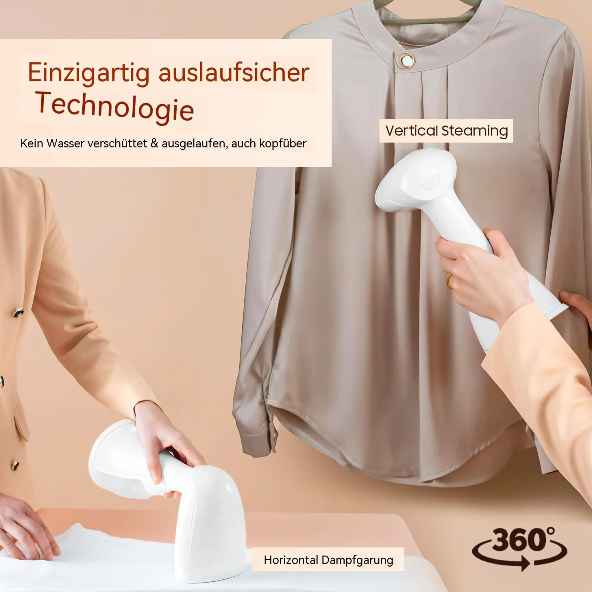 Ein Mann dampft ein Hemd vertikal und horizontal. Die Technologie ist auslaufsicher.