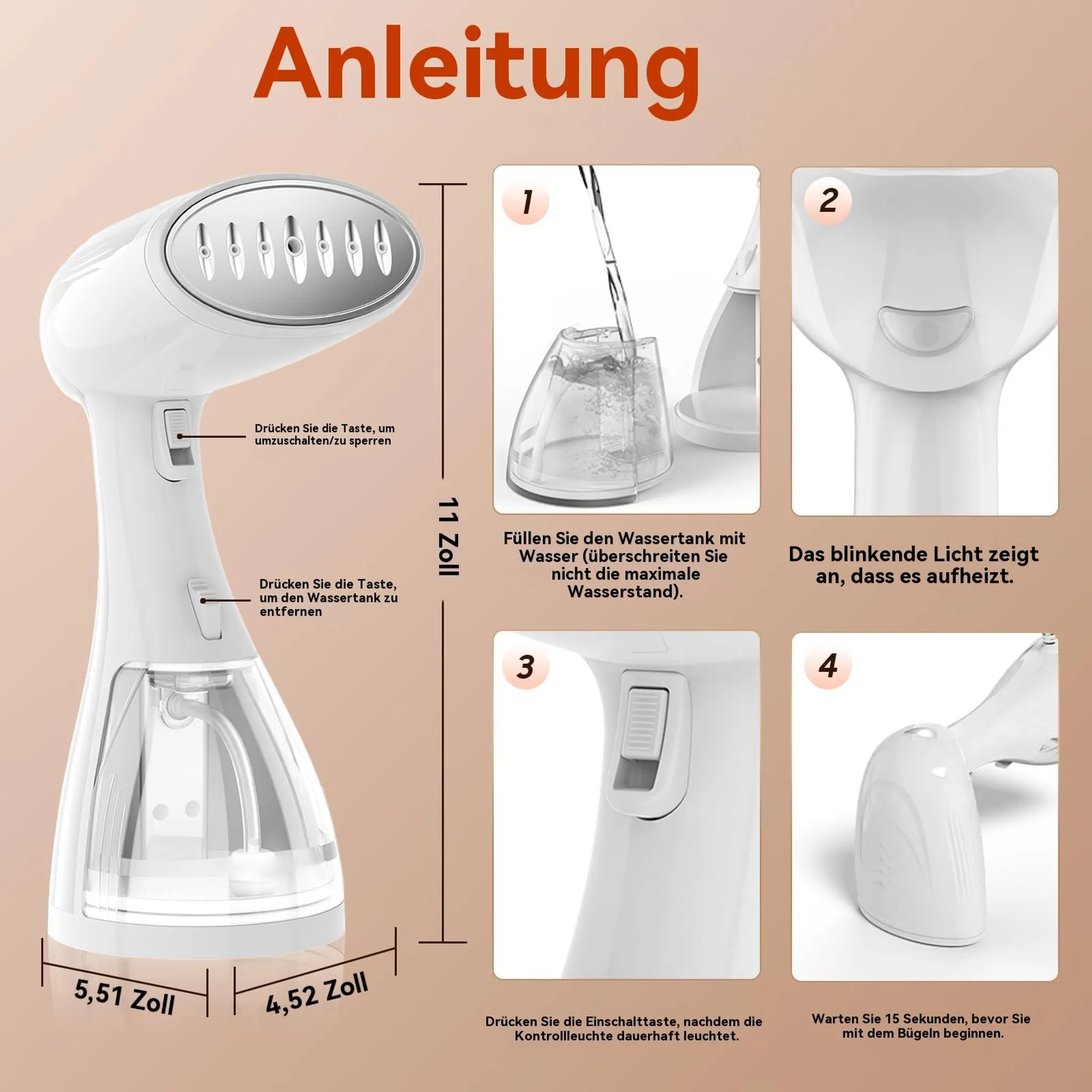 Ein weißer Handdampfglätter mit Abmessungen und vier Anwendungsschritten, einschließlich Wasserbefüllung und Aufheizen.