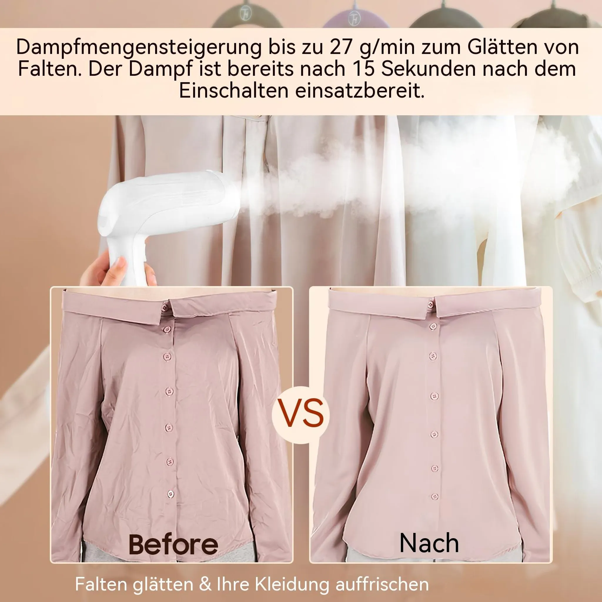 Dampfbügeleisen glättet Falten. Vorher/Nachher Vergleich.