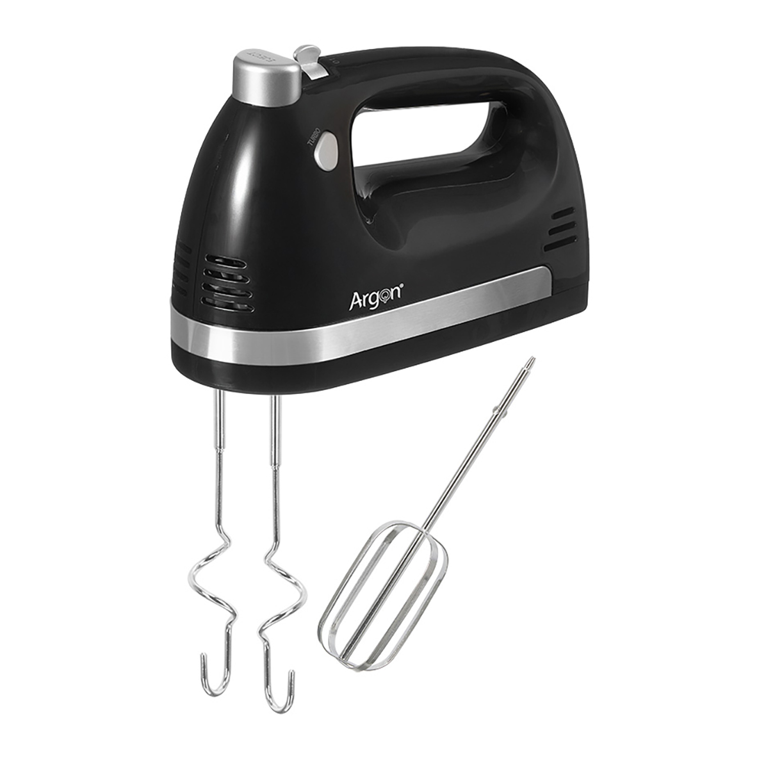 Schwarzer Handmixer mit silbernen Akzenten und zwei Arten von Aufsätzen.