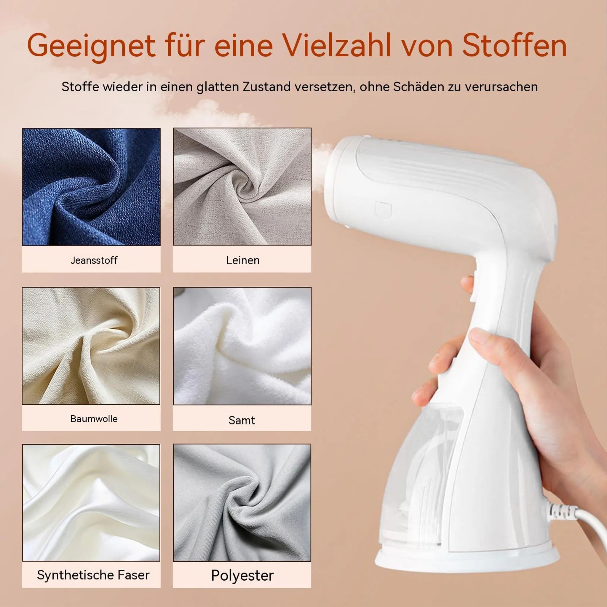 Ein weißer Handdampfer mit verschiedenen Stoffproben: Jeans, Leinen, Baumwolle, Samt, Synthetik, Polyester.