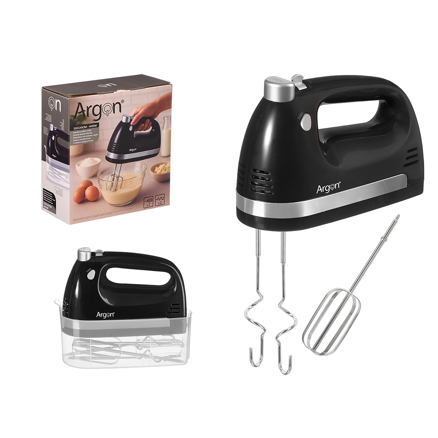 Schwarzer Handmixer von Argon mit Zubehör und Verpackung.