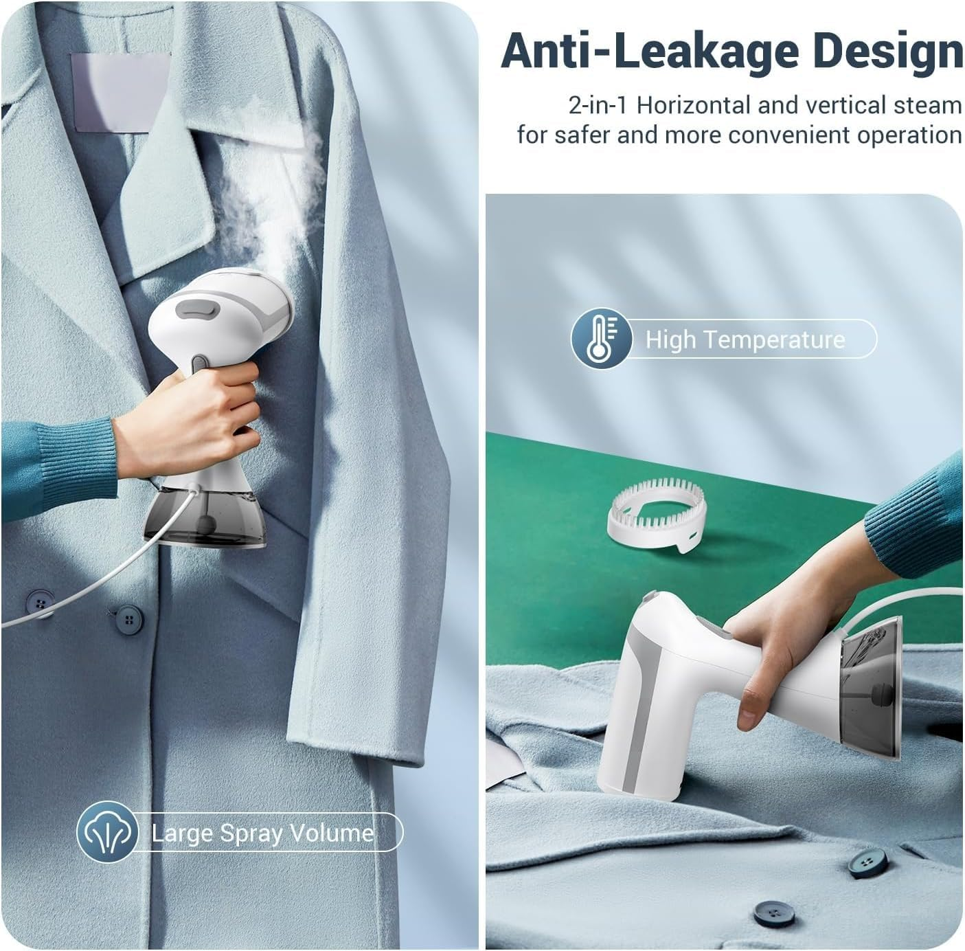 Dampfbügeleisen glättet blaue Jacke mit viel Dampf. Anti-Leck-Design.