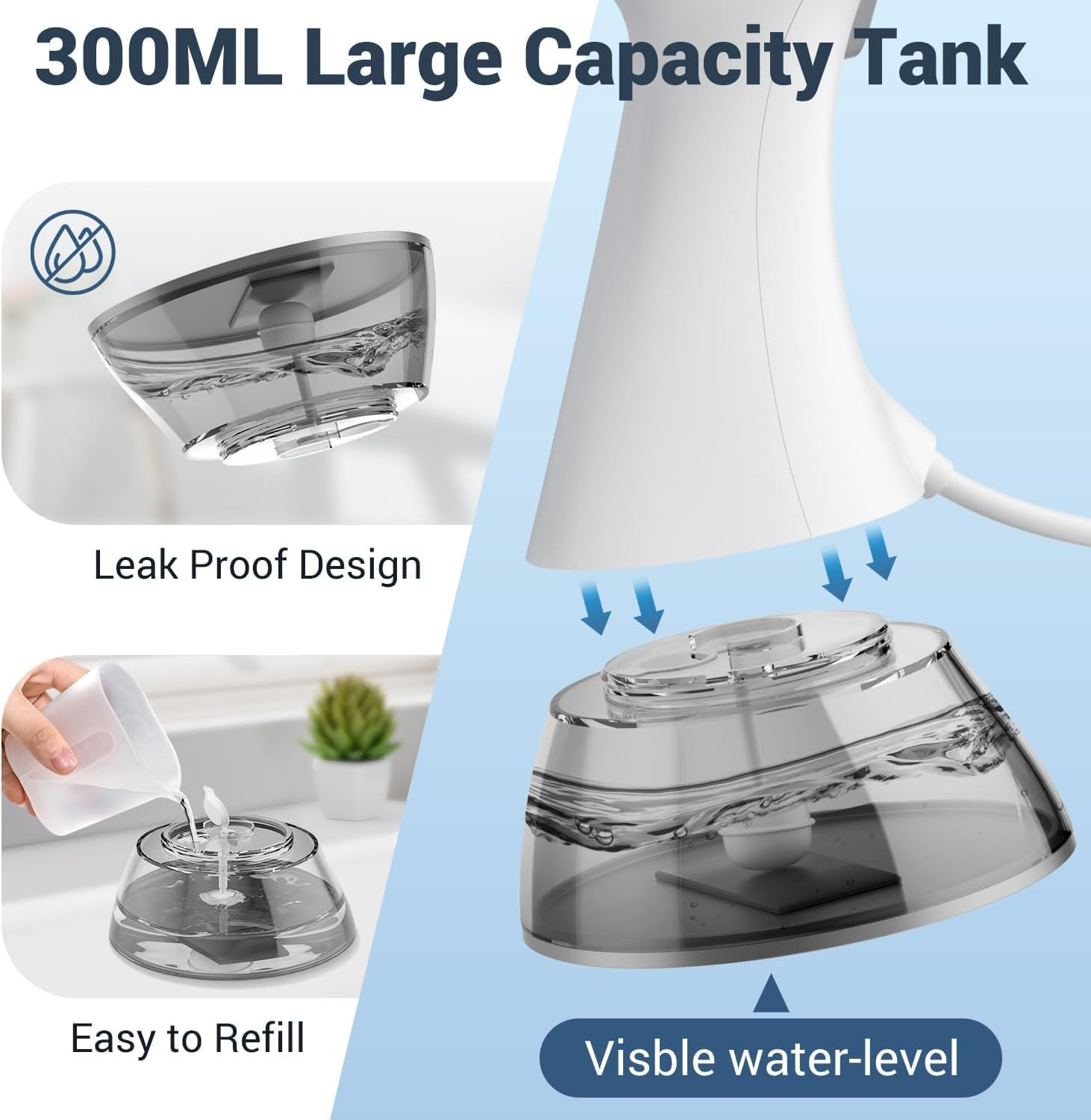 300ML Wassertank mit Sichtfenster, auslaufsicher und einfach zu befüllen.