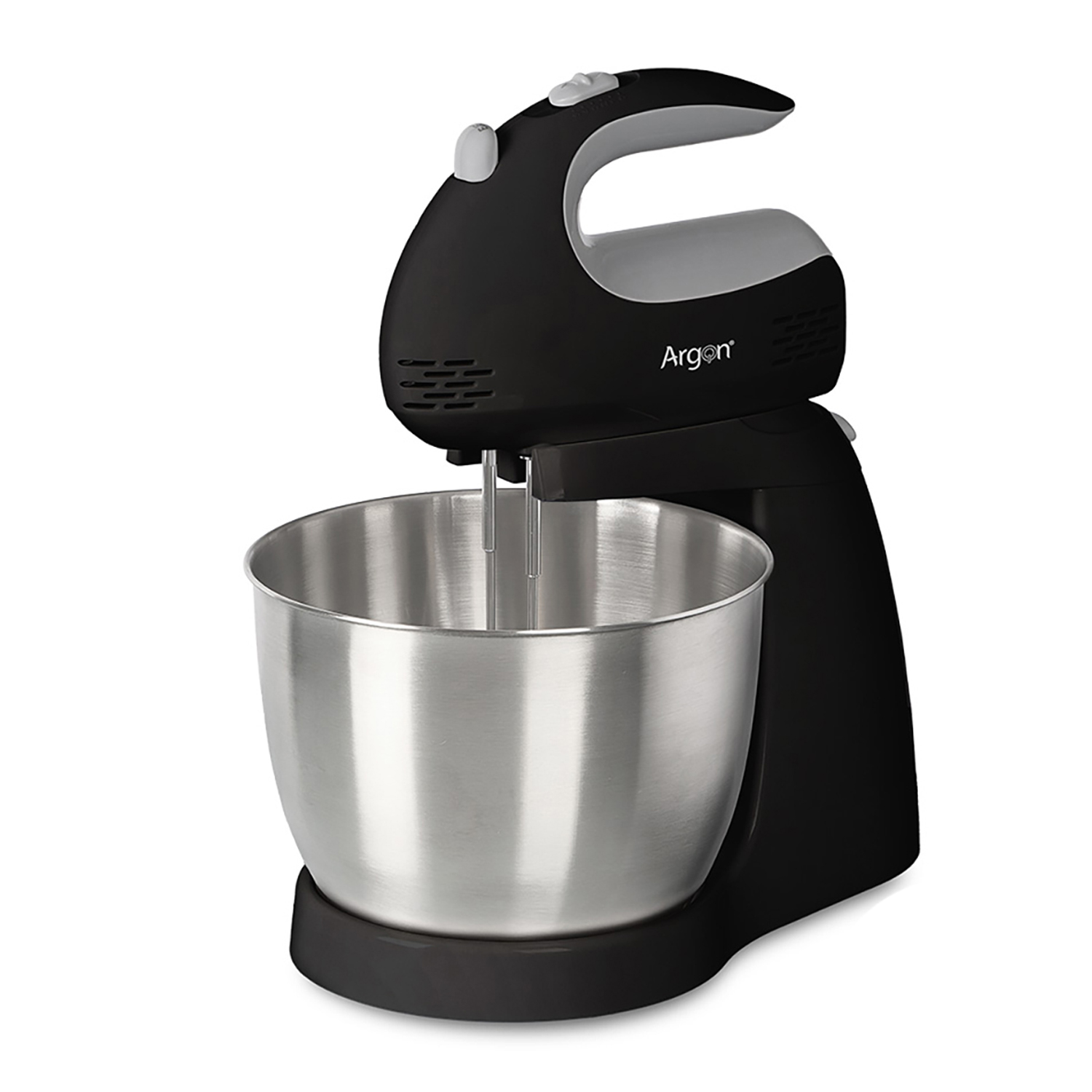 Ein schwarzer Handmixer mit Edelstahlschüssel und Argon-Logo.