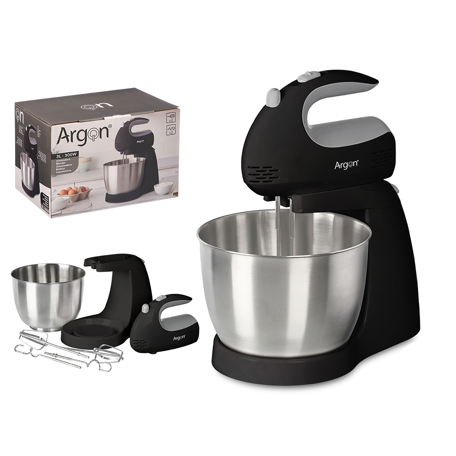 Schwarzer Küchenmixer mit Edelstahlschüssel, Zubehör und Verpackung.