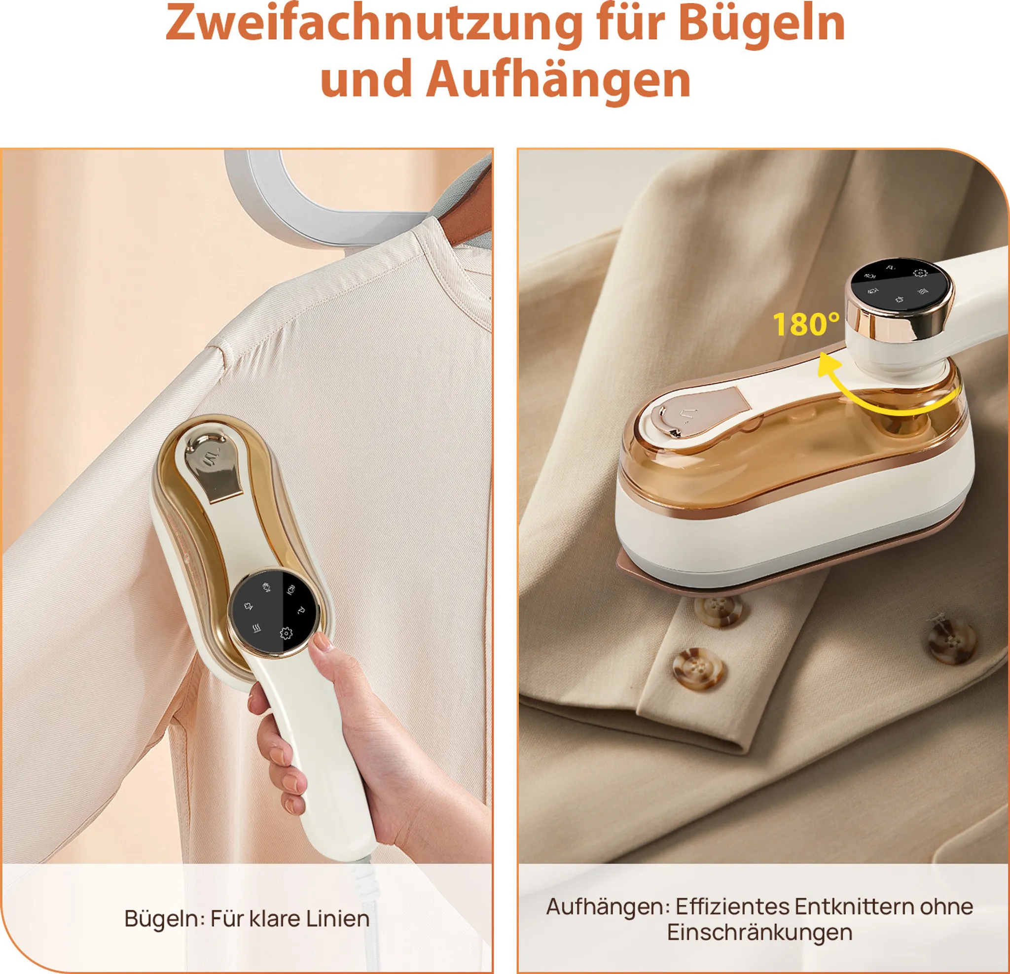 Hand-Dampfbügler im Einsatz zum Bügeln und Aufhängen von Kleidung.