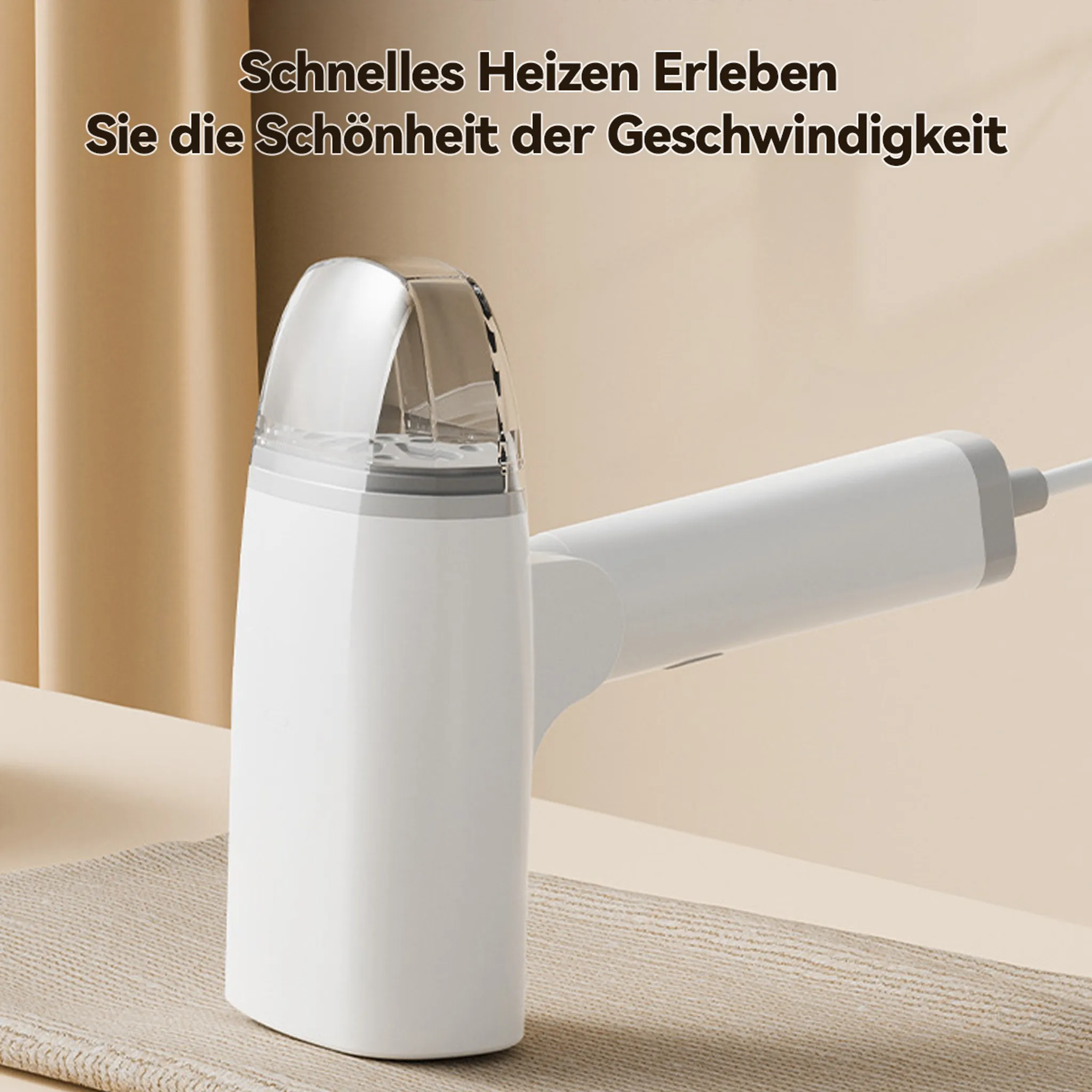 Ein weißer Haartrockner mit transparentem Aufsatz liegt auf einem Stoff.