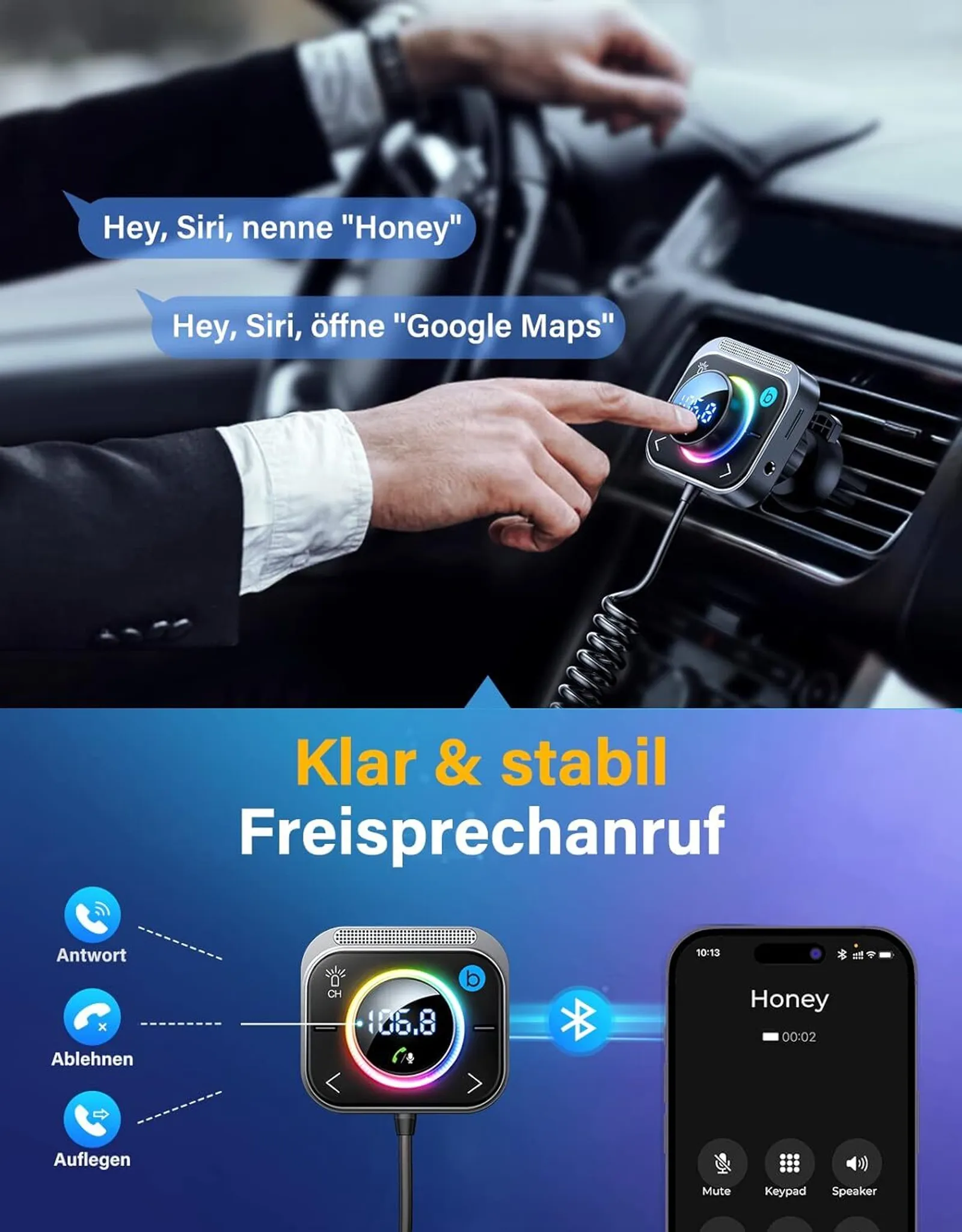 Mann im Auto bedient Freisprecheinrichtung, zeigt Handy-Anrufbildschirm.