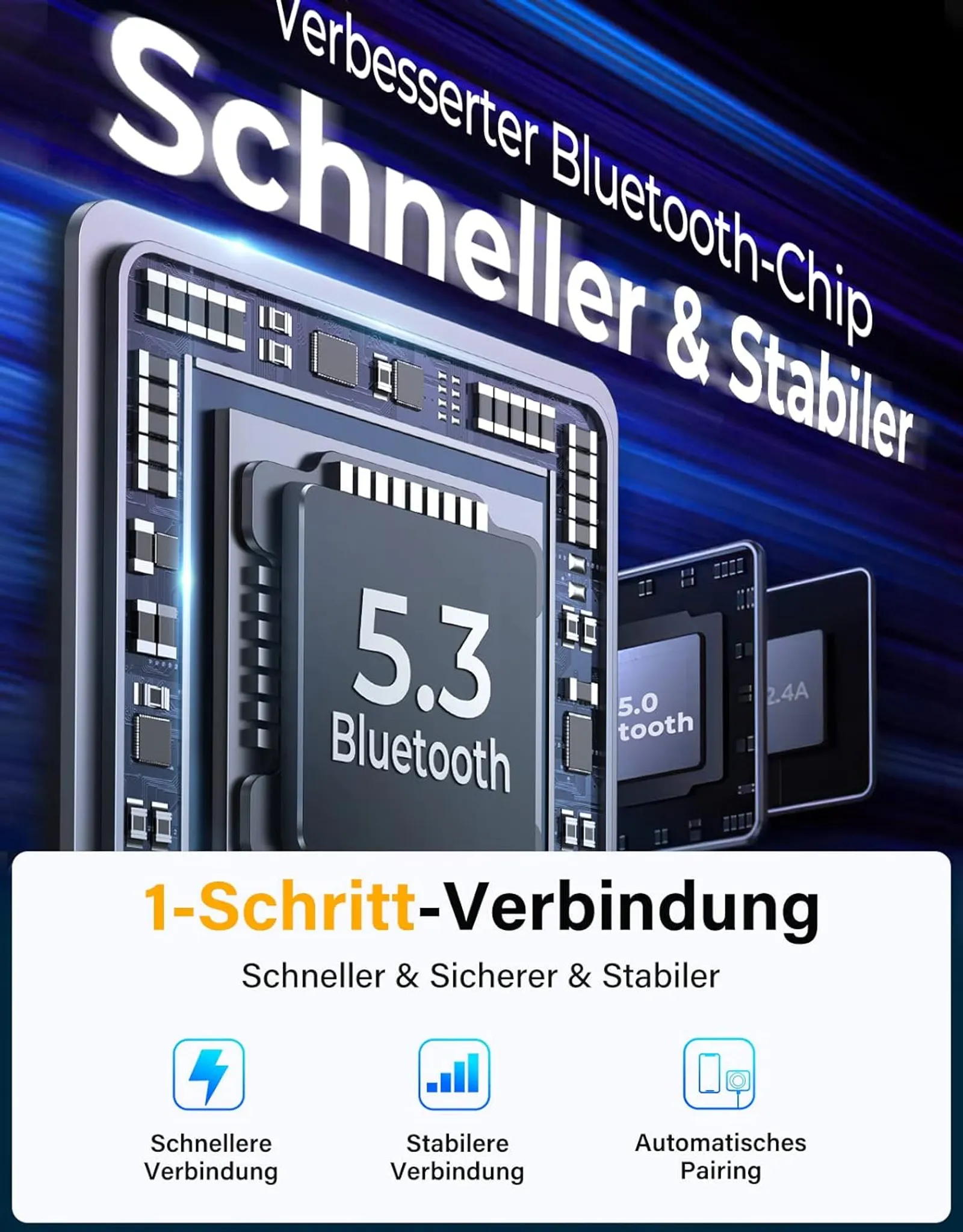 Nahaufnahme eines Bluetooth-Chips mit "5.3 Bluetooth" und "5.0 Bluetooth".