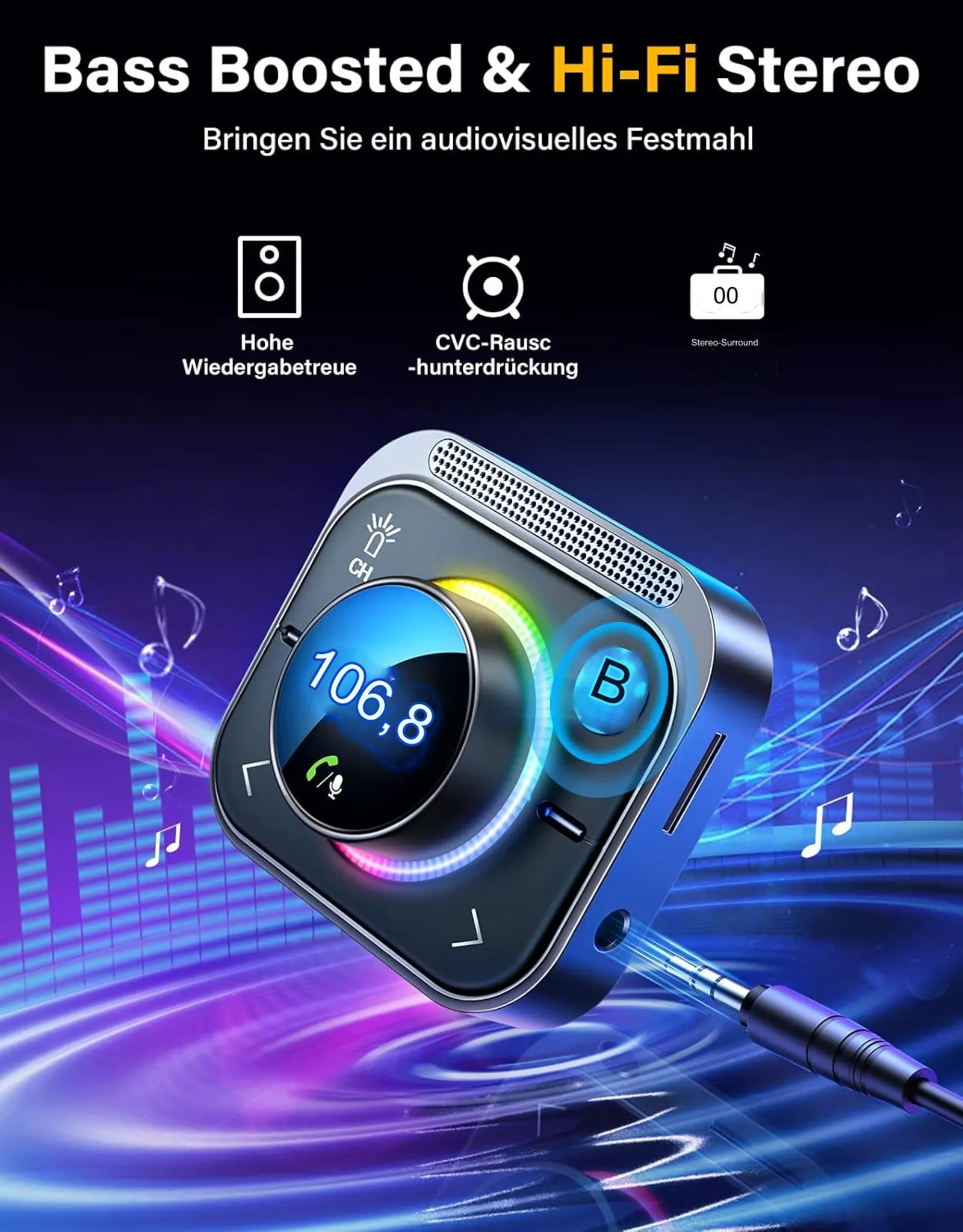 Ein schwarzes Audiogerät mit blauem Licht und einer Frequenzanzeige von 106,8.