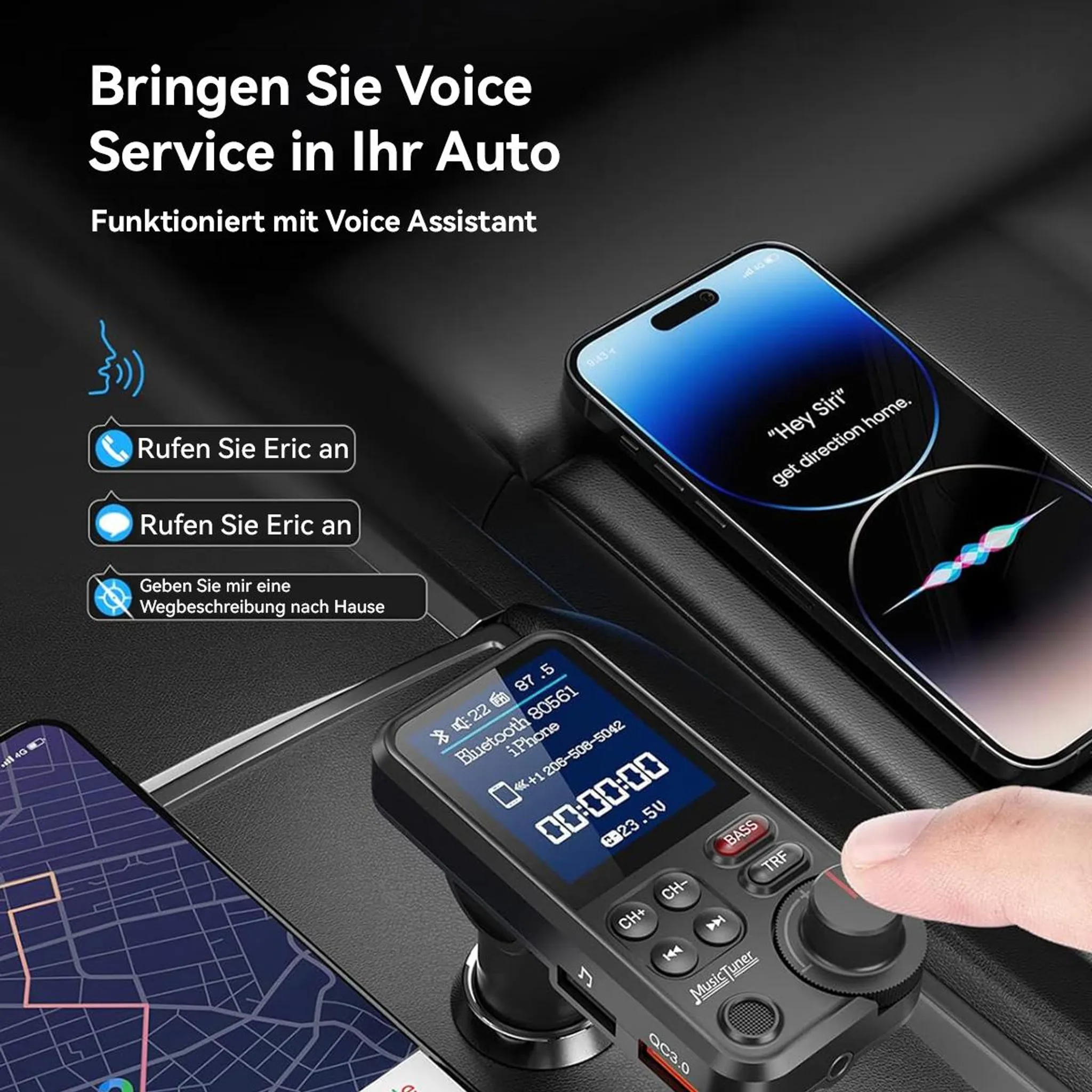 Ein Smartphone zeigt Siri, ein Auto-Adapter zeigt Musik und ein anderes zeigt Navigation.