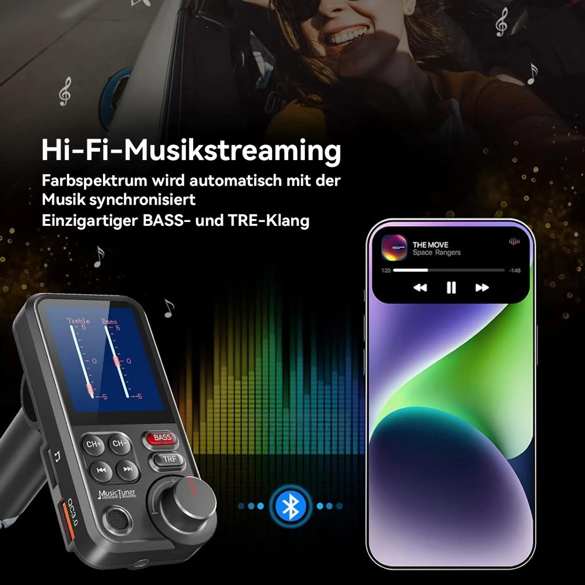 Ein Auto-Musik-Player mit Equalizer, ein Smartphone und Text über Musikstreaming.