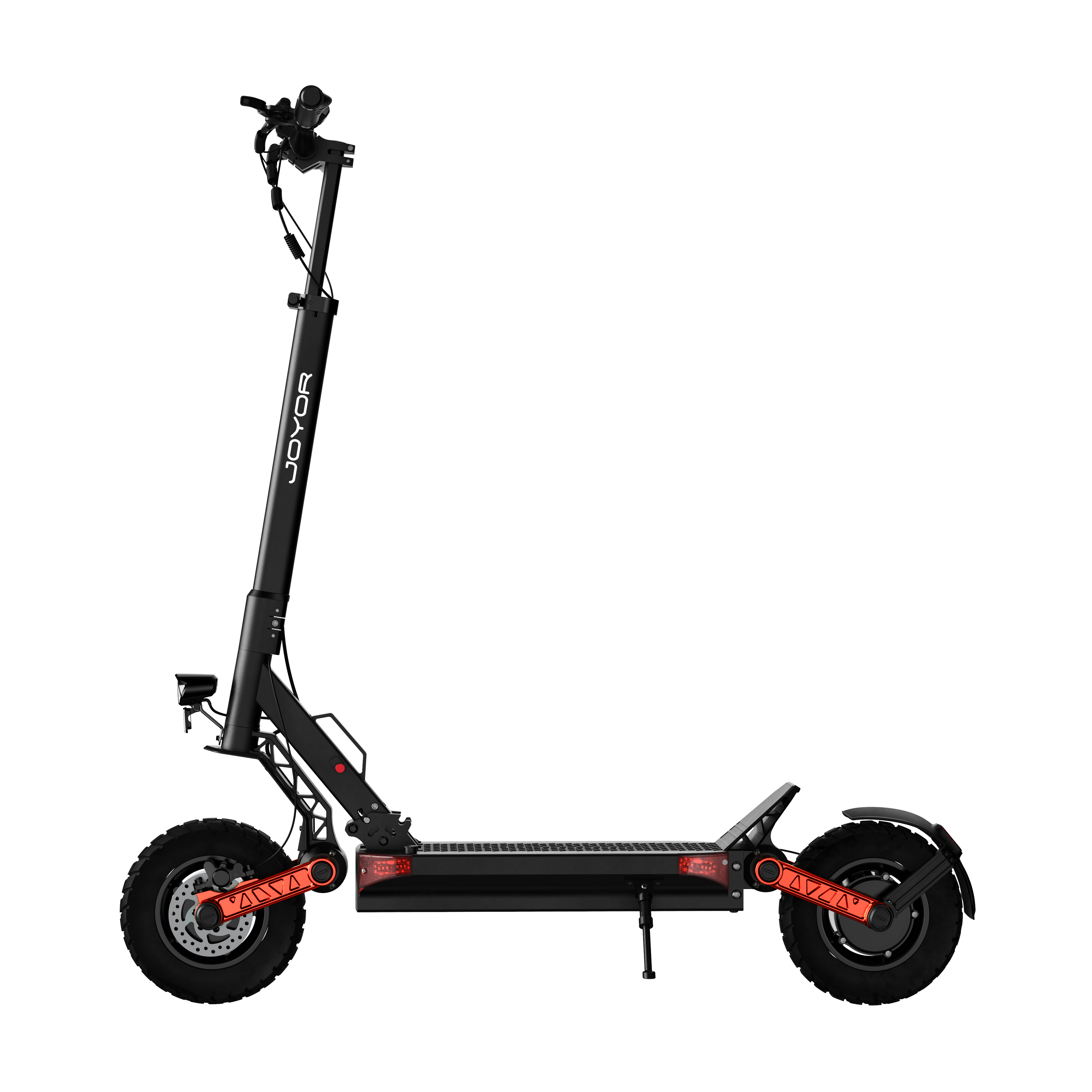 Monopattino elettrico nero con accenti rossi e pneumatici robusti, vista laterale.