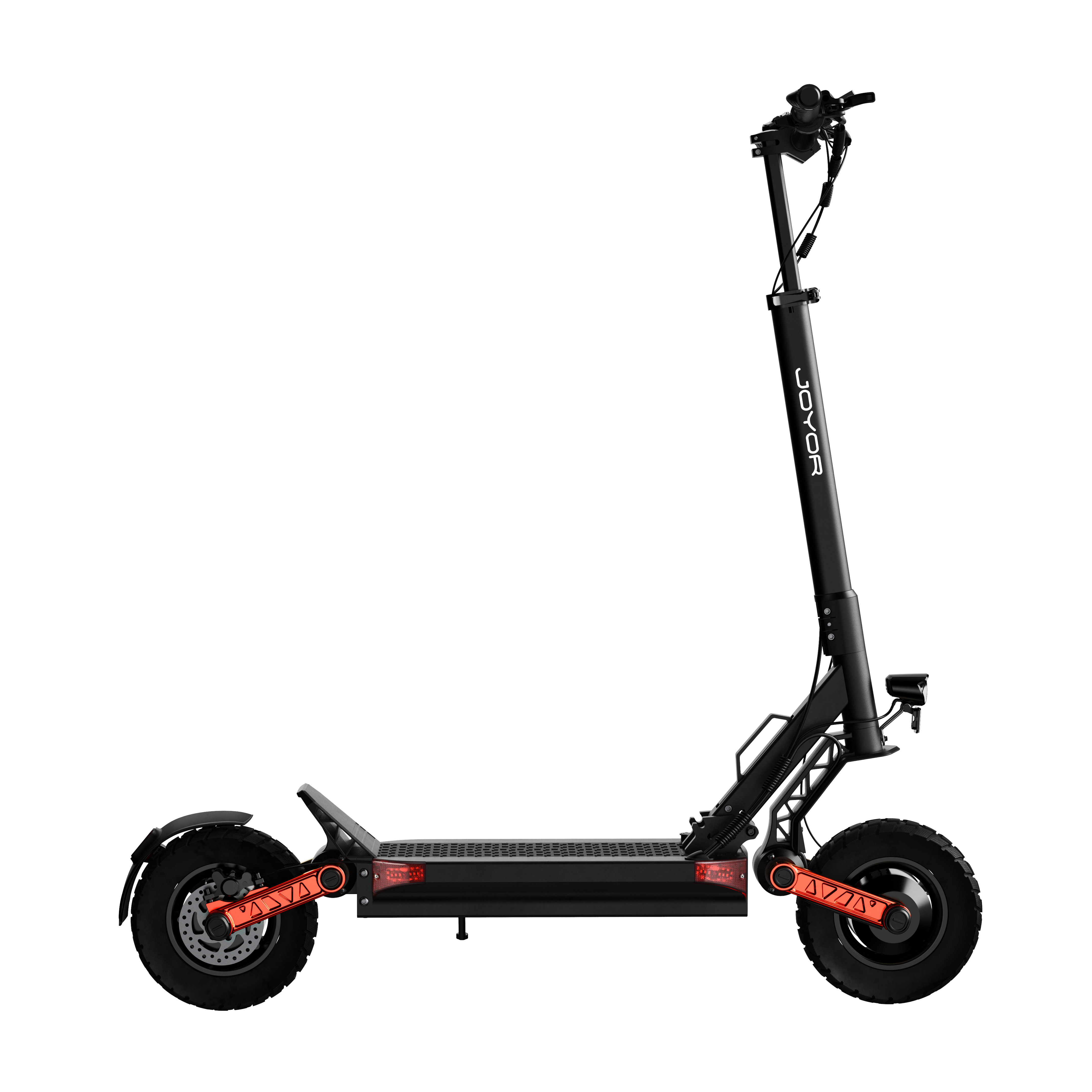 Ein schwarzer Elektroroller mit orangen Akzenten und großen Reifen.