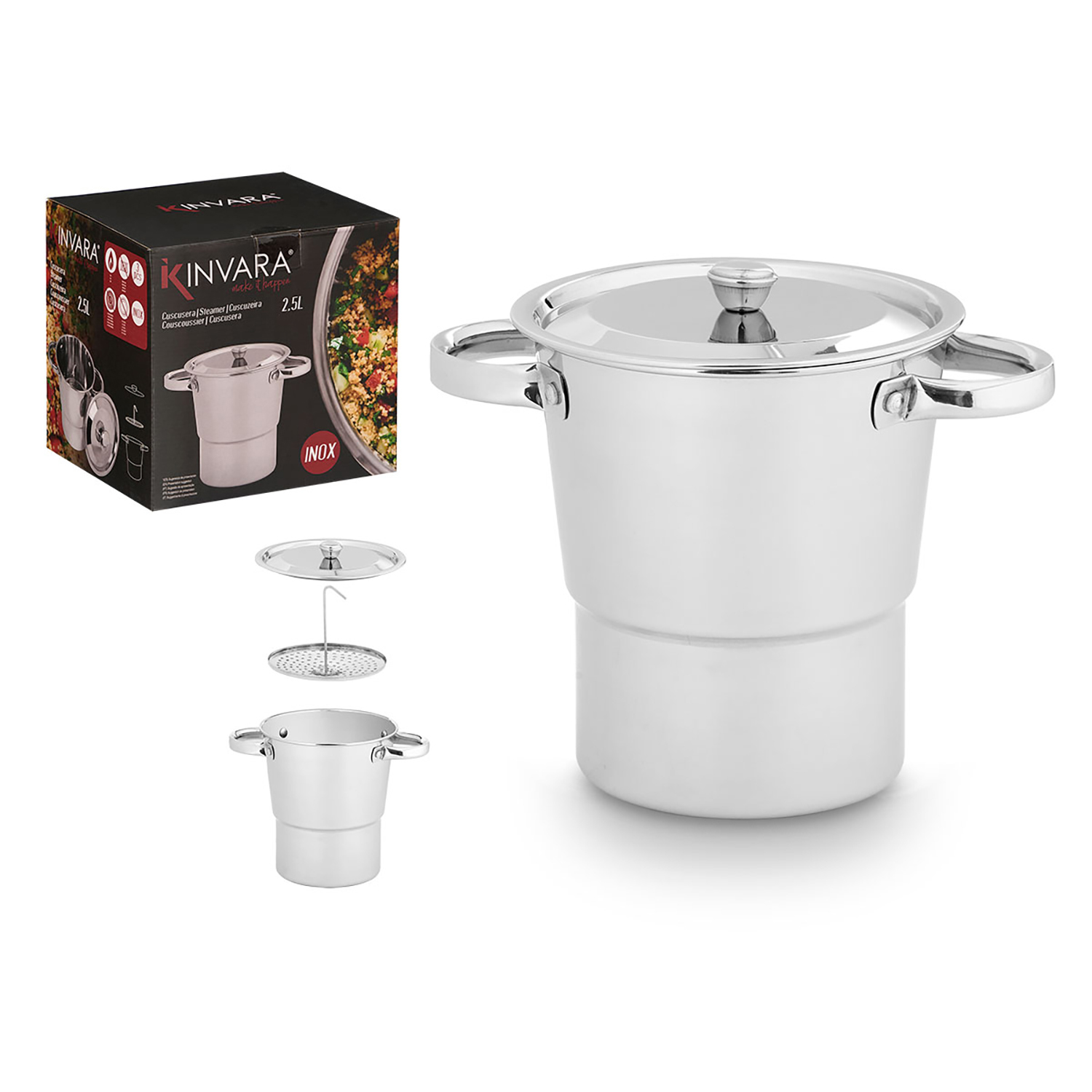 Una olla vaporera plateada con tapa y accesorios, junto a su embalaje.