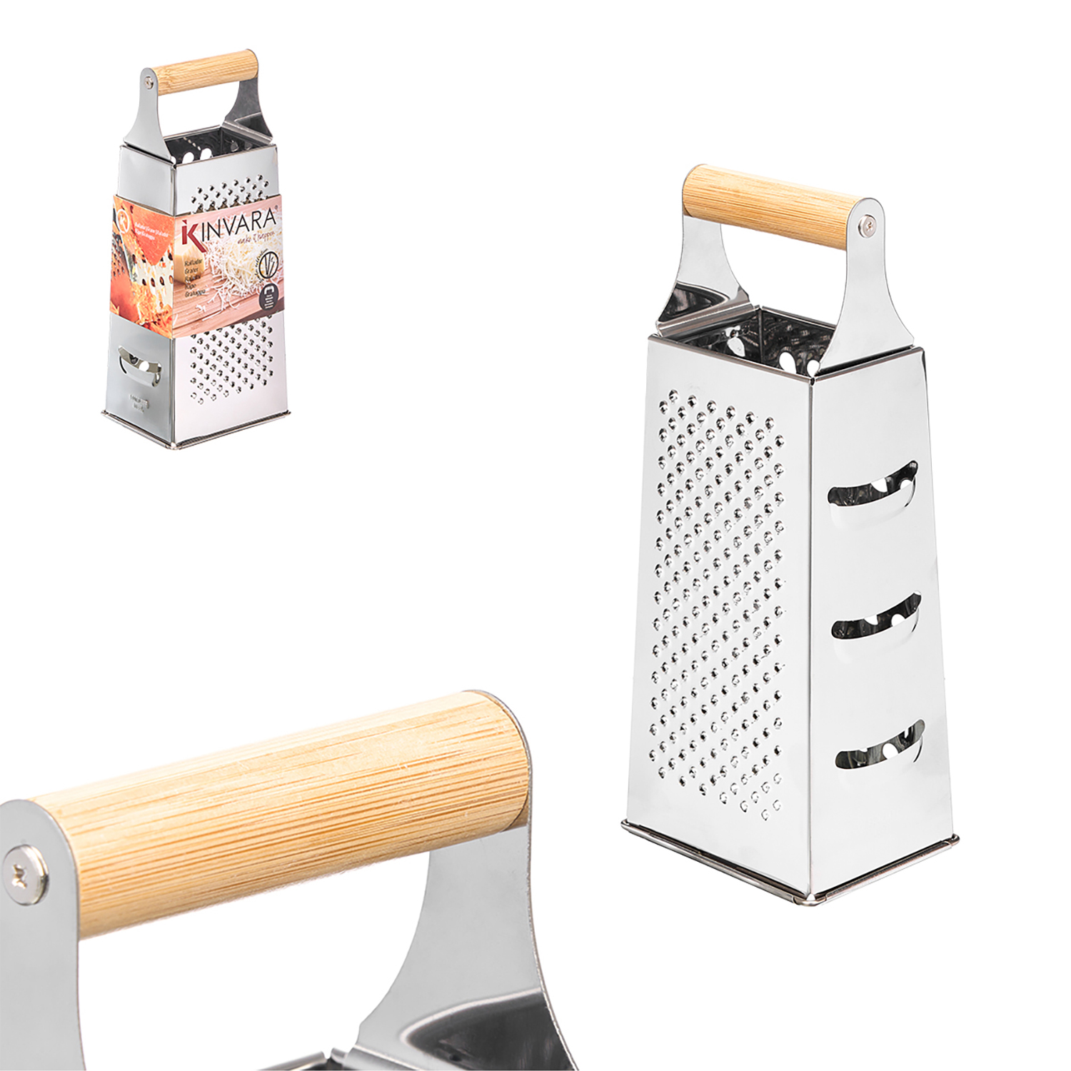 Vierseitige Edelstahlreibe mit Holzgriff, für Käse und Gemüse.