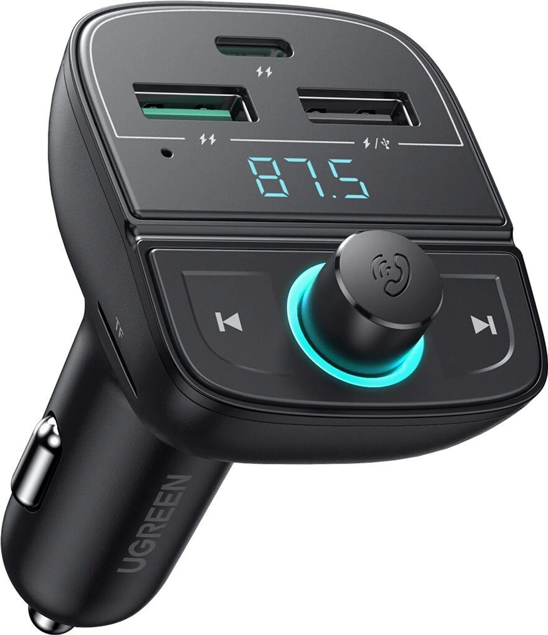Schwarzes Autoladegerät mit USB-Anschlüssen, Ziffernanzeige und beleuchtetem Knopf.