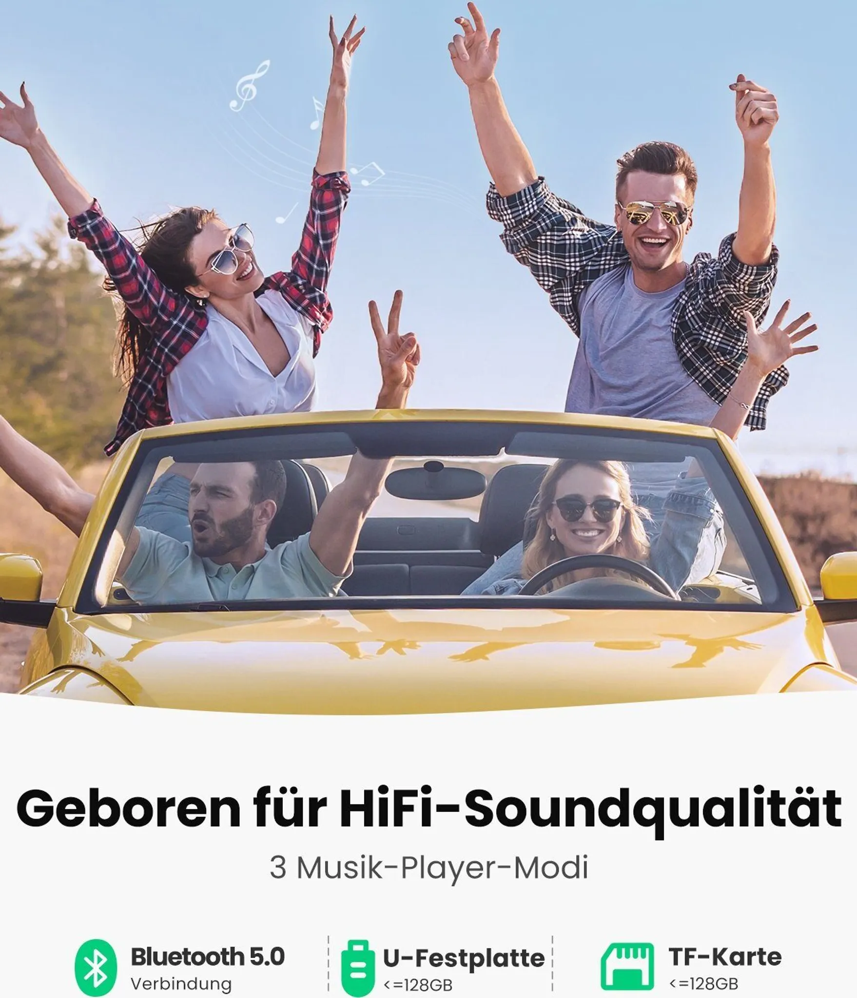 Menschen tanzen in einem gelben Cabriolet, Hände in der Luft, Musiknoten.