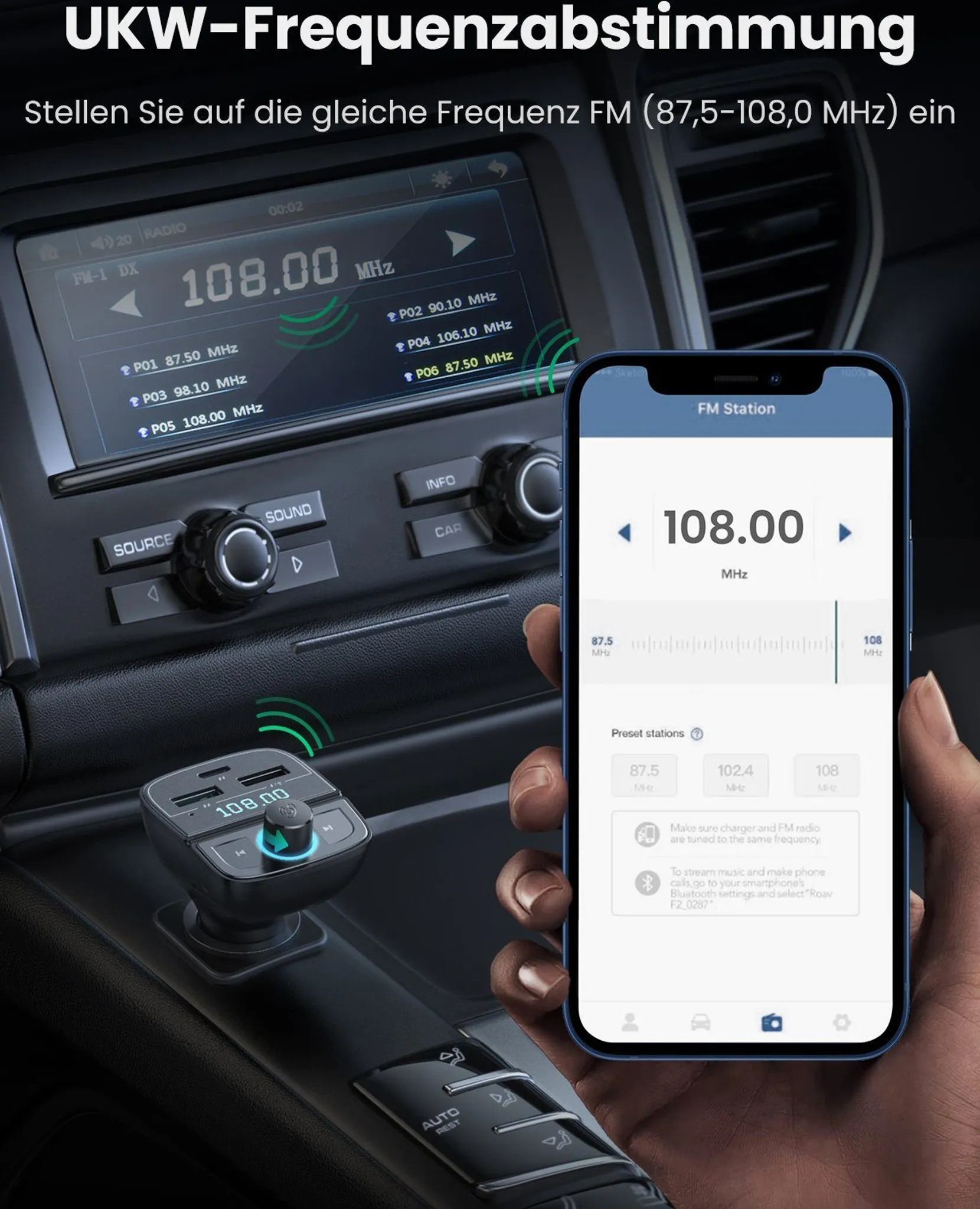 Ein Auto-FM-Sender mit 108.00 MHz und eine App auf dem Handy werden gezeigt.
