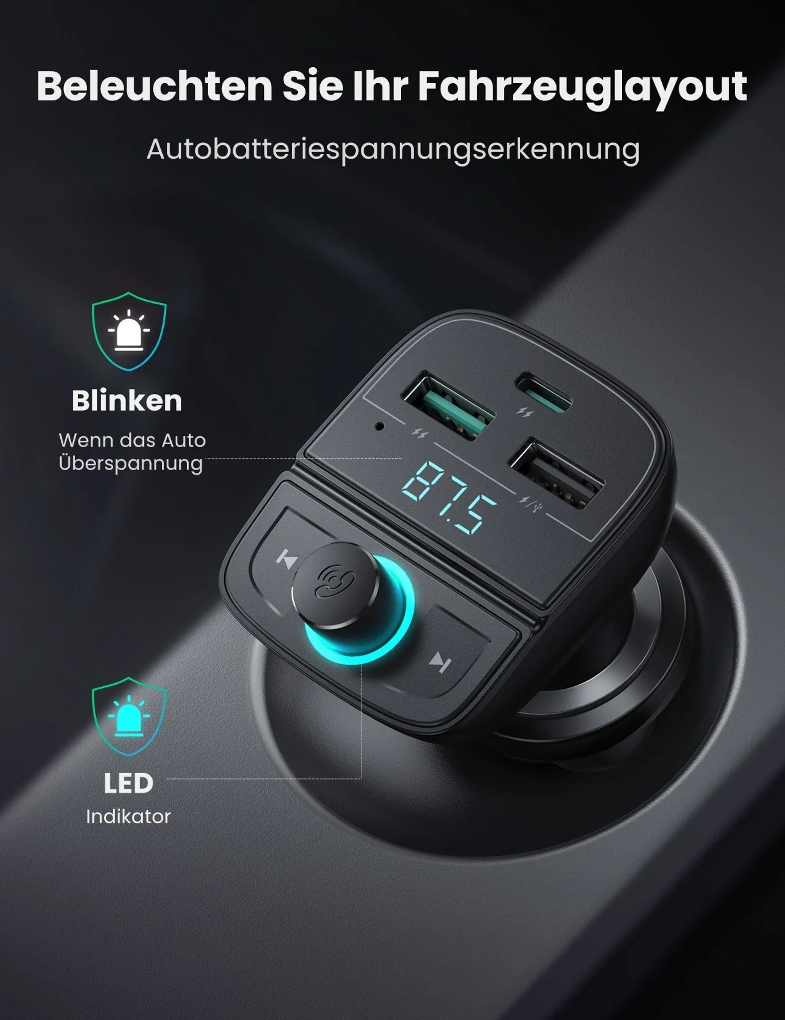 Ein schwarzer KFZ-Adapter mit USB-Anschlüssen und Digitalanzeige.