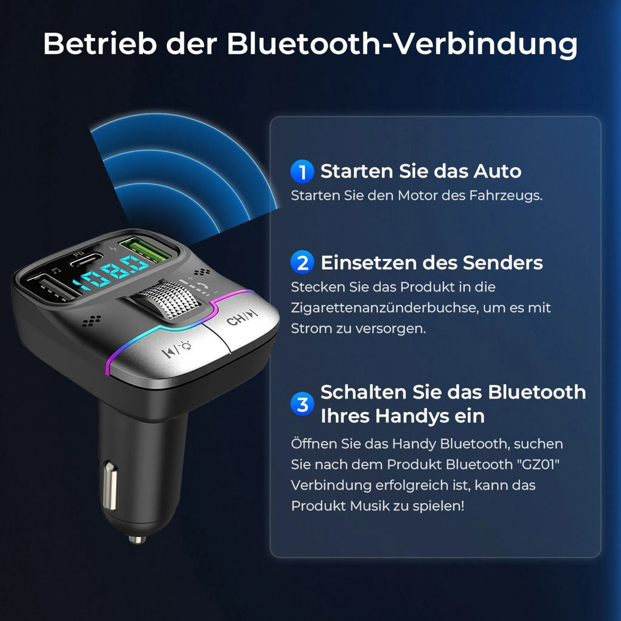Ein Auto-Bluetooth-Sender mit Ladeanschlüssen und Bedienungsanleitung.