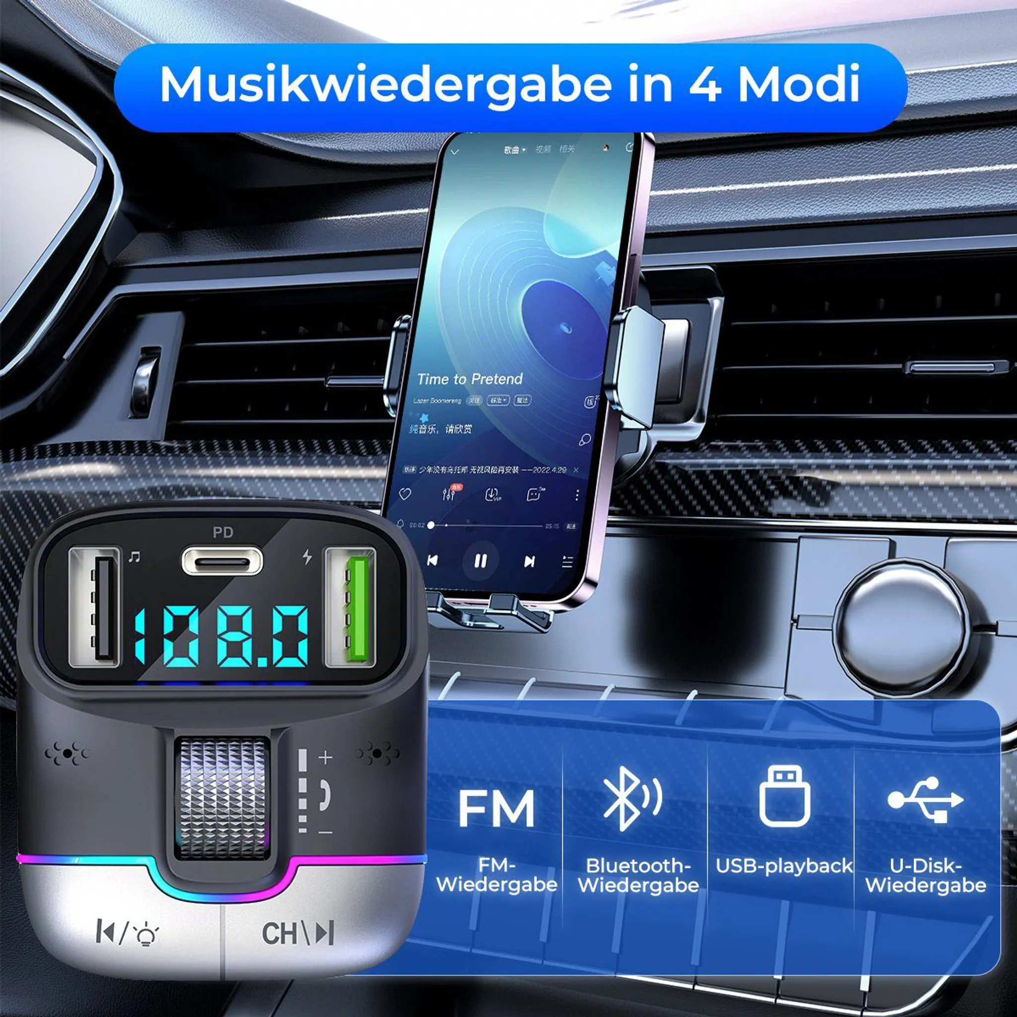 Auto-Musik-Player mit Smartphone-Halterung, USB- und Bluetooth-Funktion.