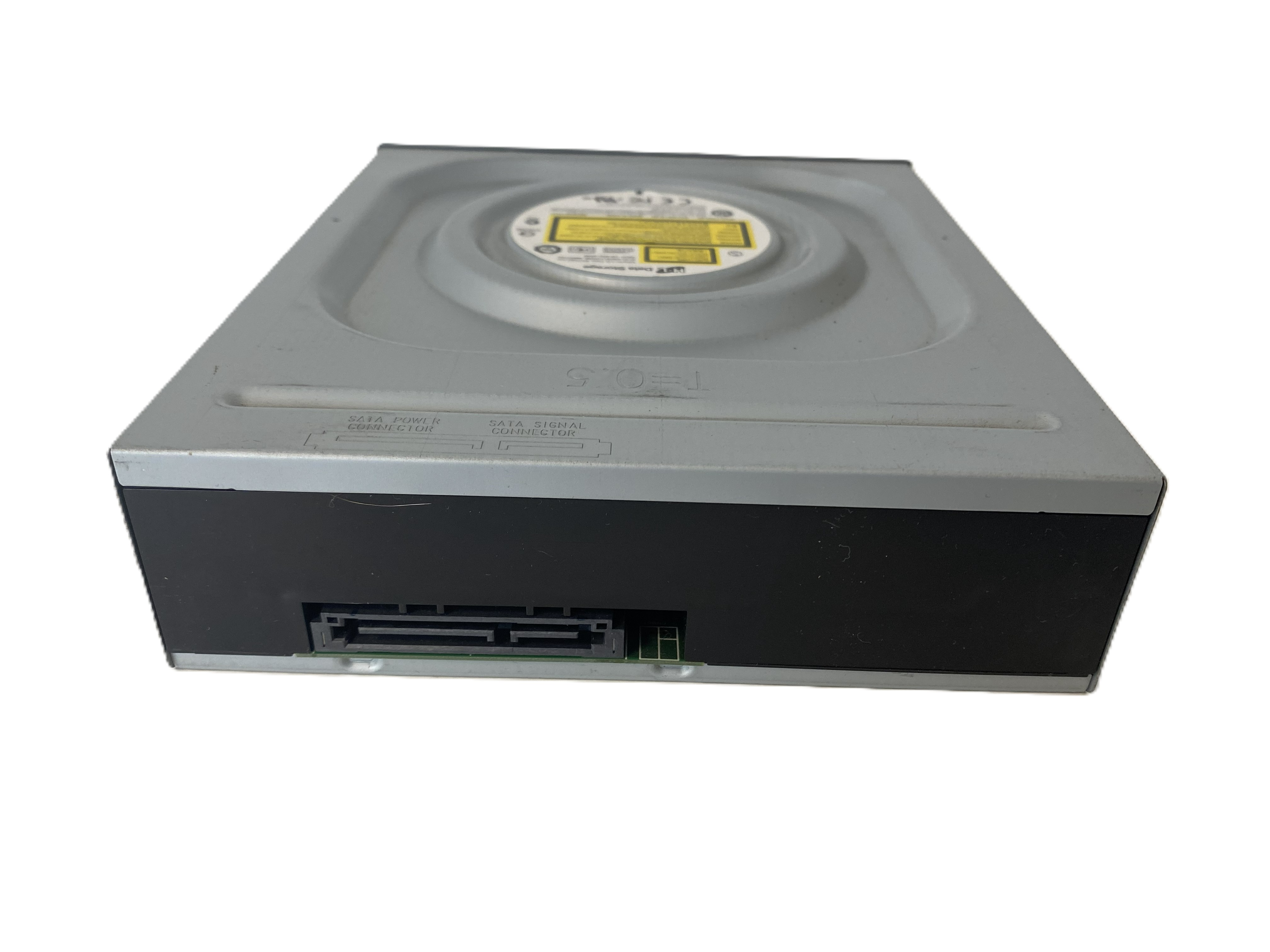 Ein silberner SATA-DVD-Brenner mit schwarzer Vorderseite und Anschlüssen.