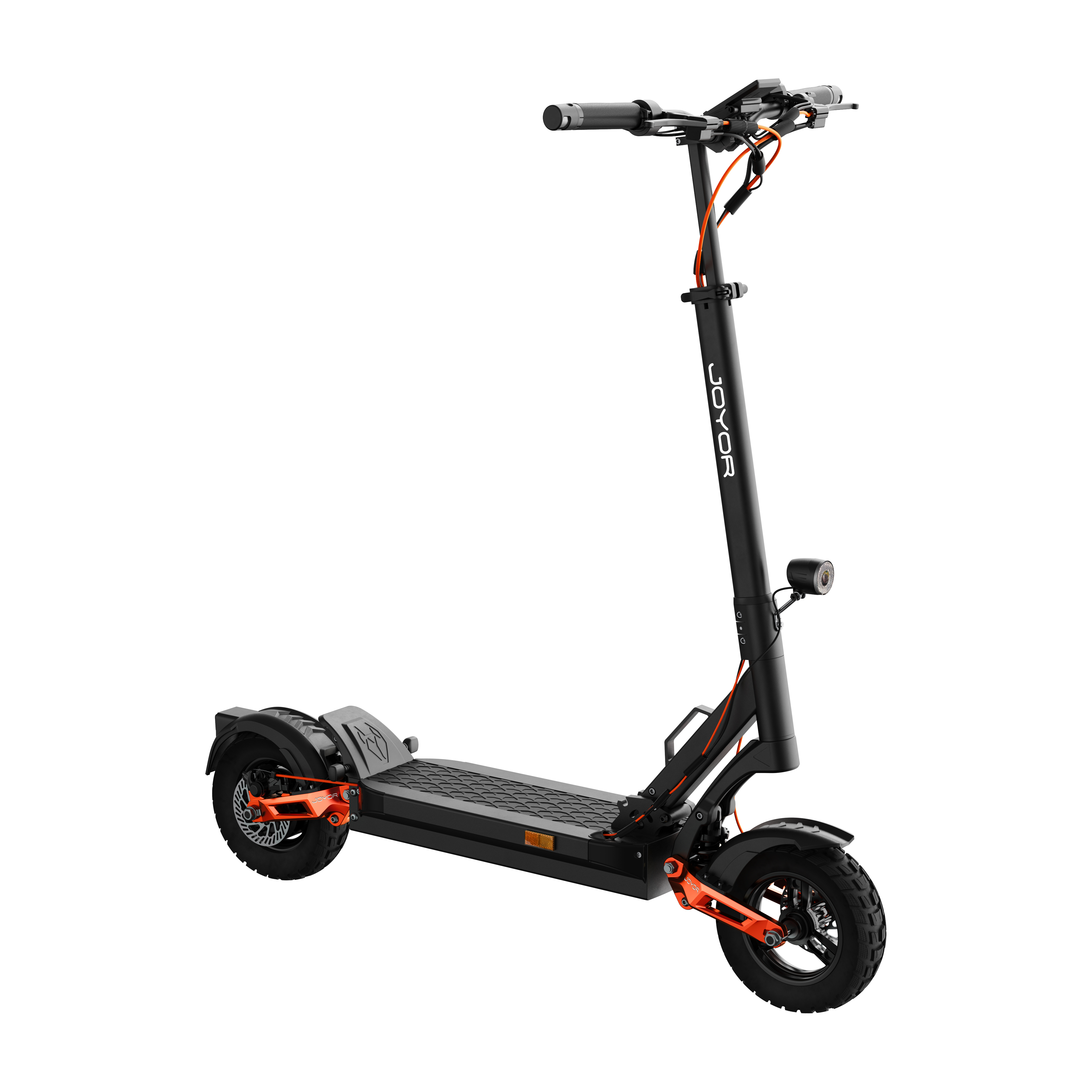 Schwarzer Elektroroller mit orangefarbenen Akzenten und großen Rädern.