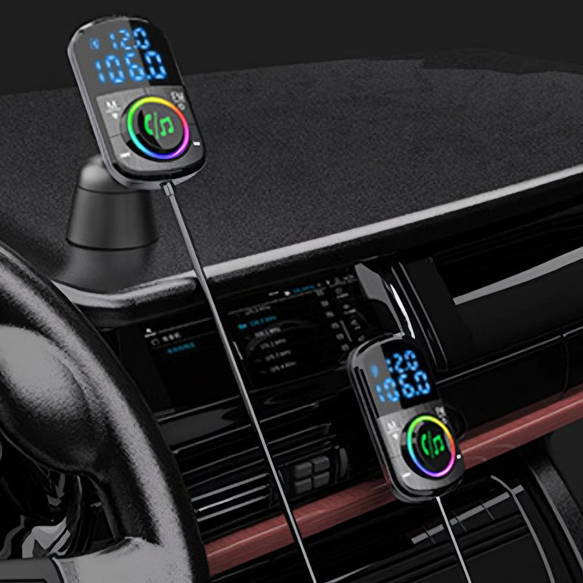 Zwei Bluetooth-Sender im Auto mit leuchtenden Knöpfen und Digitalanzeigen.