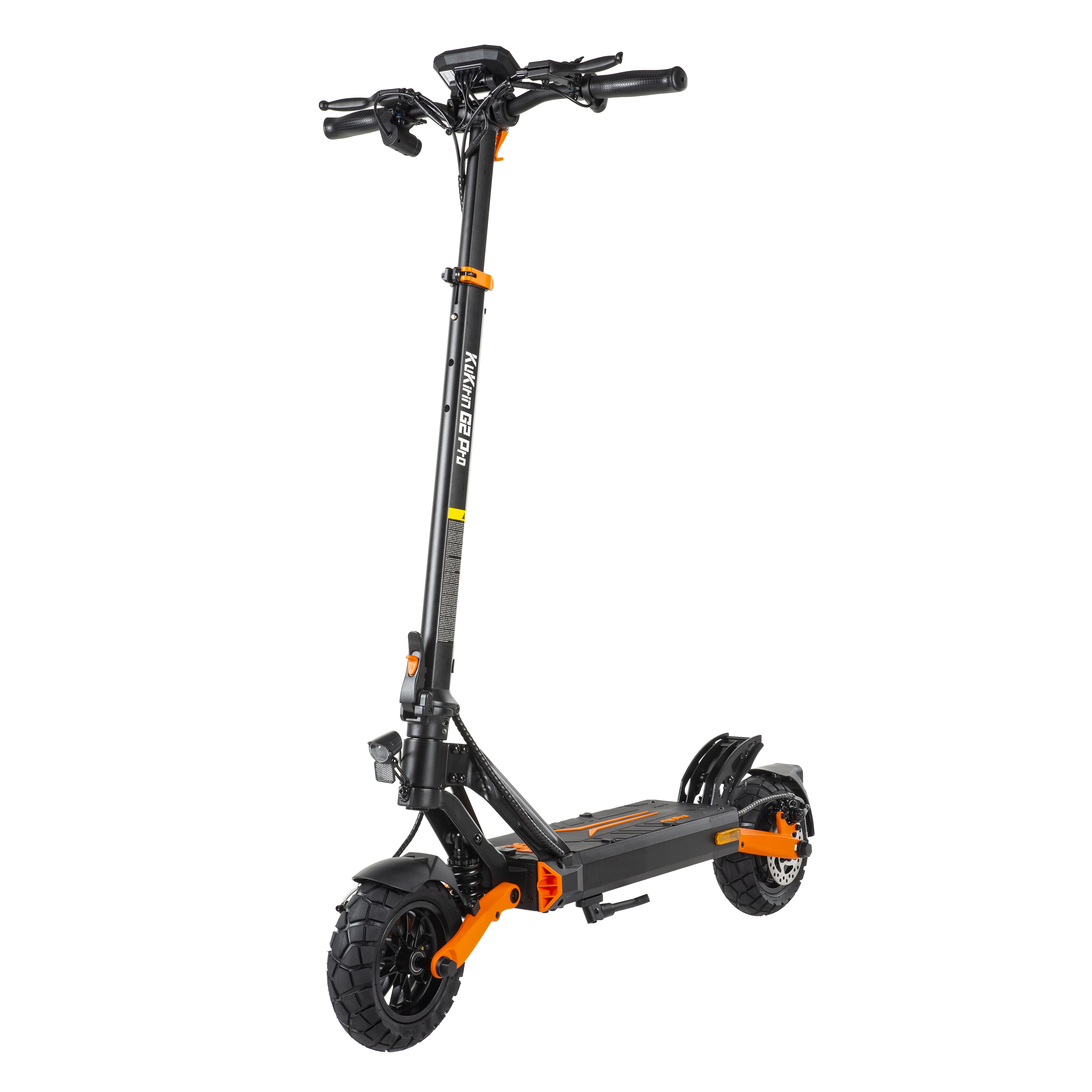 Schwarzer Elektroroller mit orangefarbenen Akzenten und breiten Reifen.