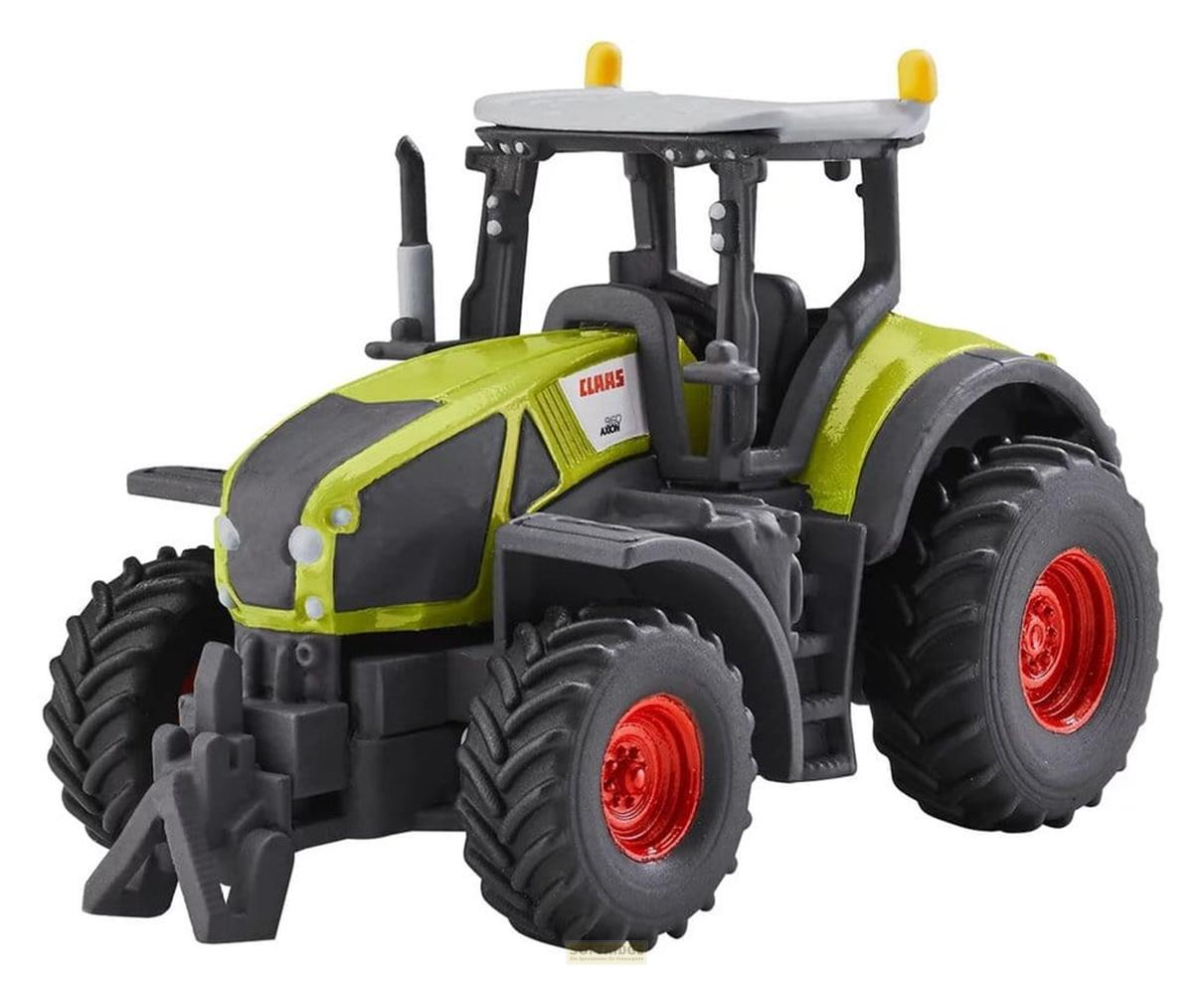 Tractor de juguete verde y gris con llantas rojas y luces de advertencia amarillas.