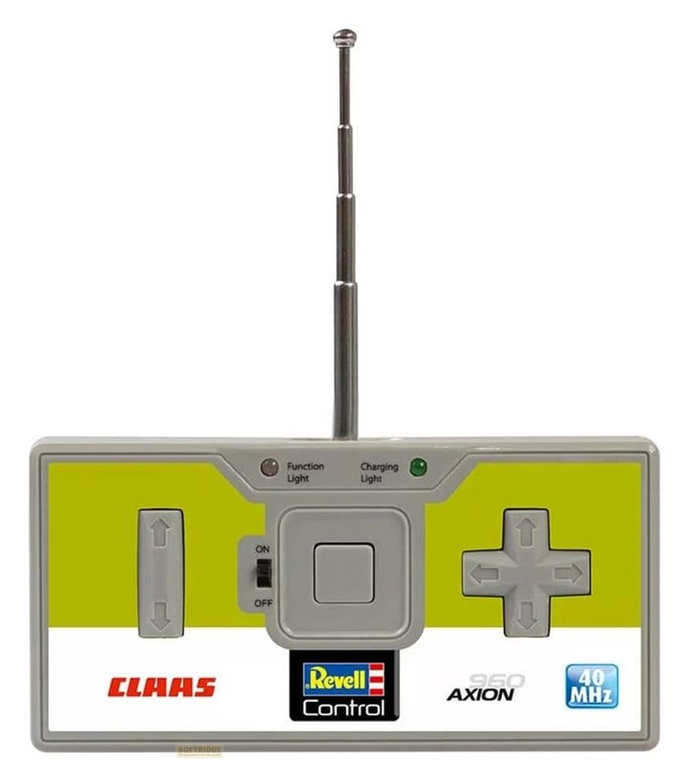 Un control remoto blanco y verde con antena telescópica, botones y logotipos.