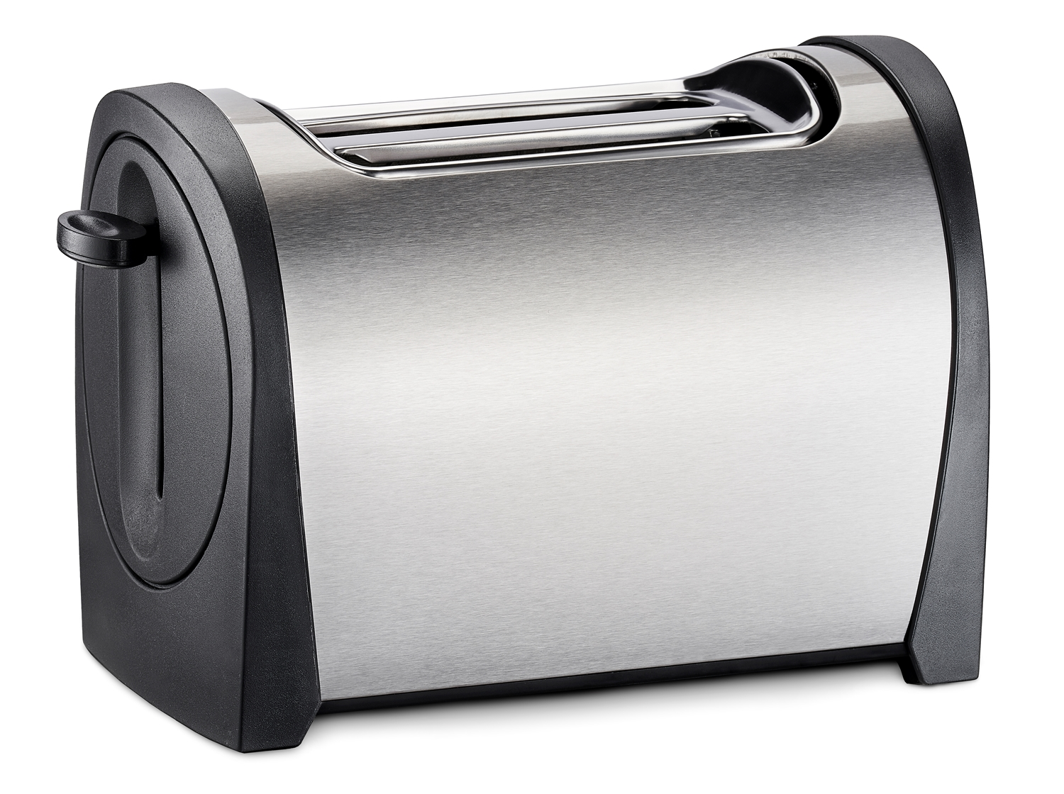 Ein moderner silberner Toaster mit schwarzen Akzenten und einem Hebel.