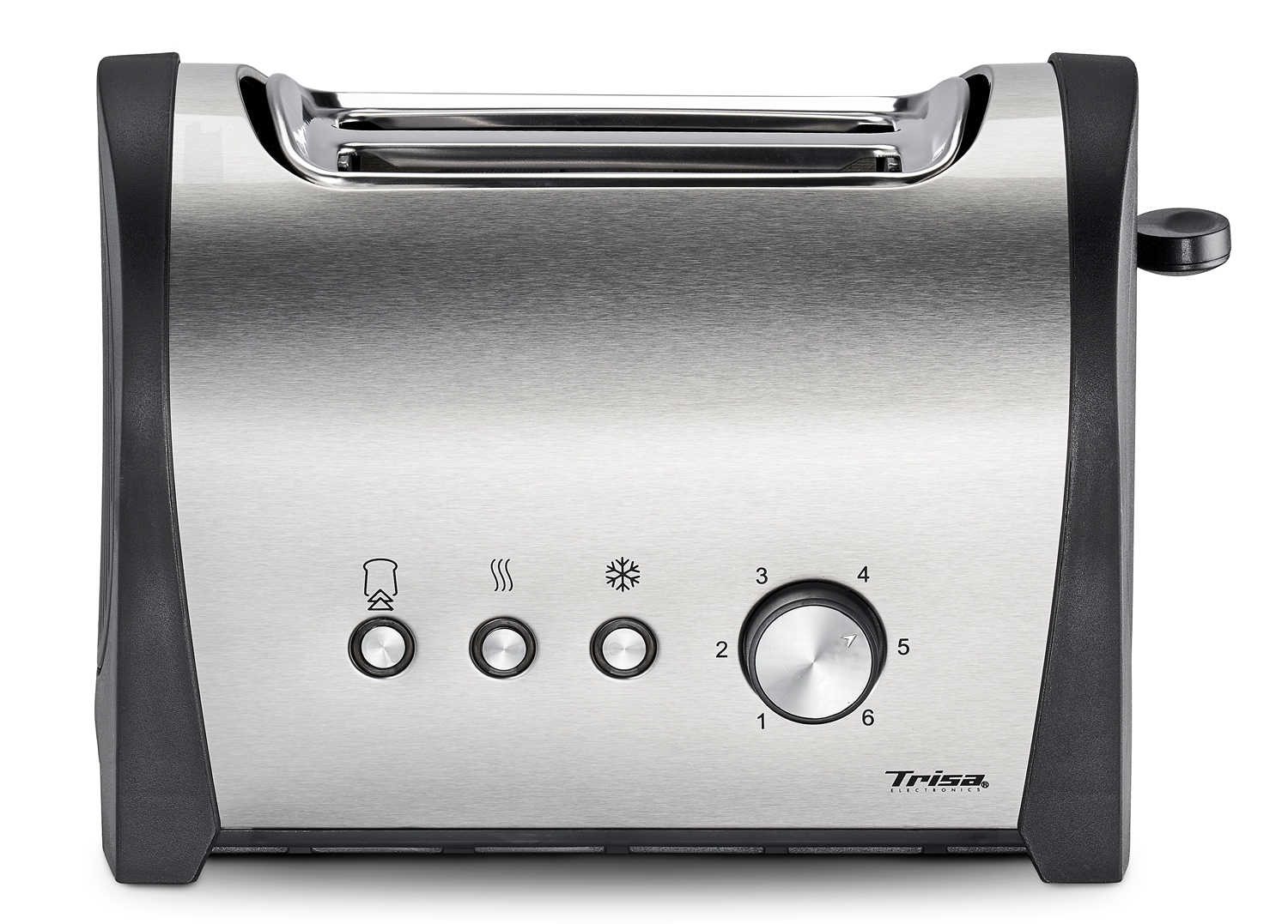 Ein silberner Toaster mit schwarzen Akzenten und Bedienelementen.