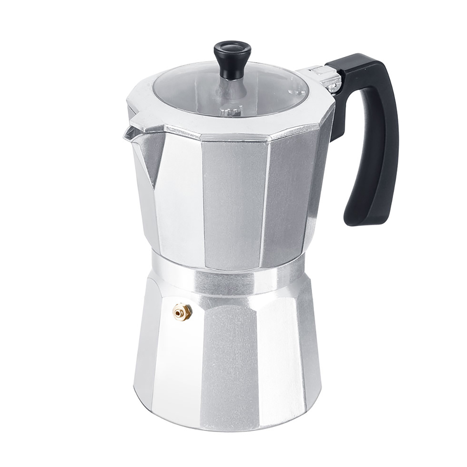 Cafetera moka plateada con asa negra y tapa transparente.