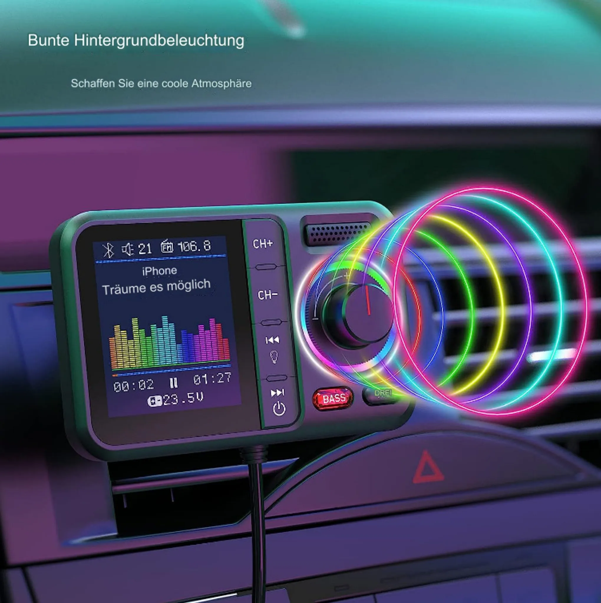 Ein grünes Autoradio mit buntem Lichteffekt und Musikvisualisierung.
