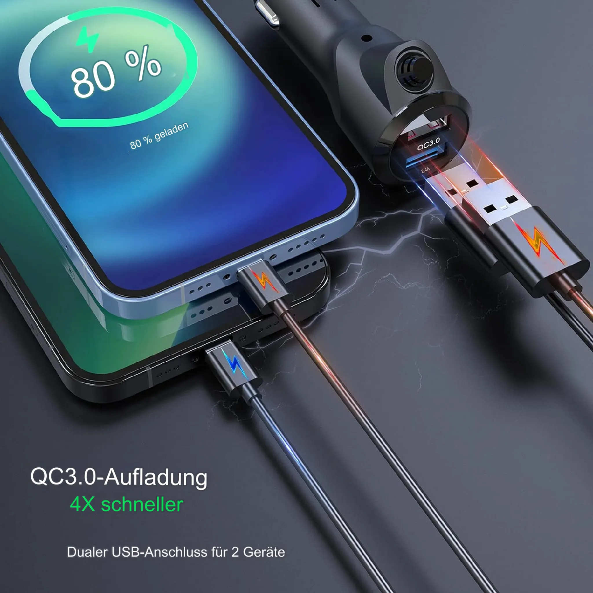Ein Smartphone wird über ein USB-Autoladegerät geladen.