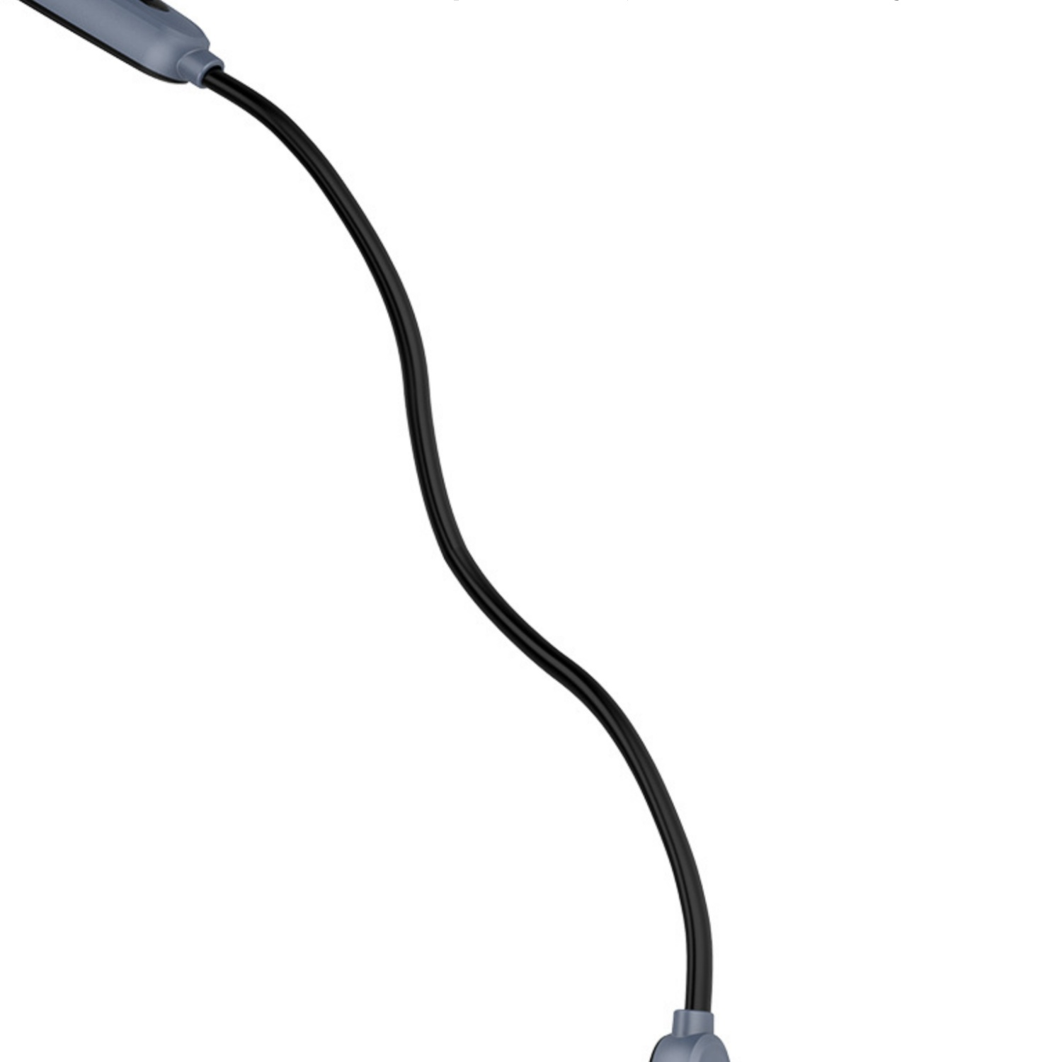 Grauer Lampenkopf mit schwarzem Kabel auf weißem Hintergrund.