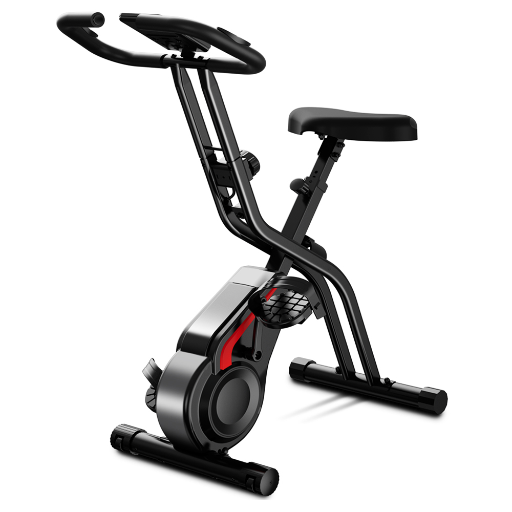 Schwarzes Klappfahrrad mit Sattel und Lenker auf weißem Hintergrund.