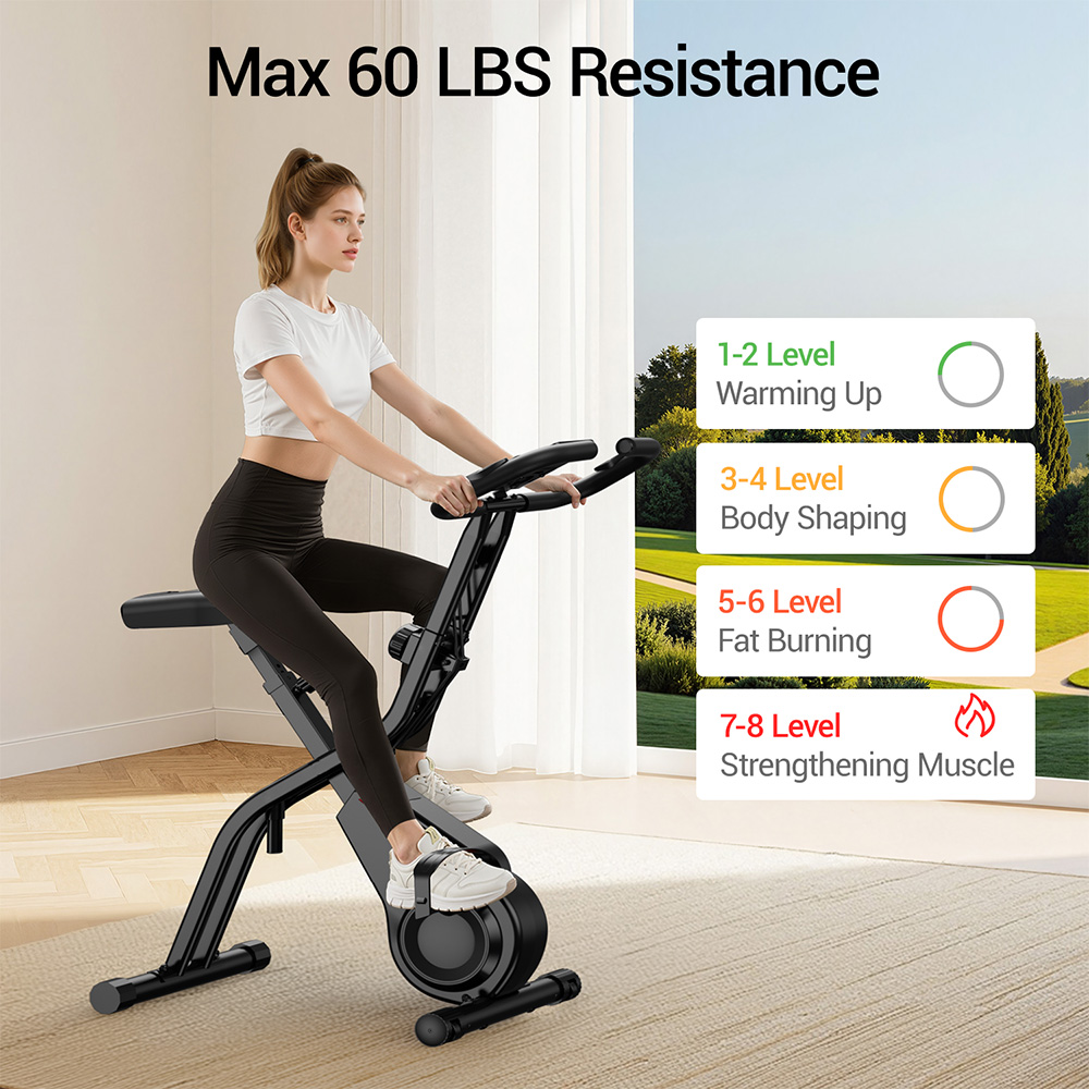 Frau auf schwarzem Heimtrainer, max. 60 LBS Widerstand. Stufen zum Aufwärmen, Körperformung, Fettverbrennung, Muskel.