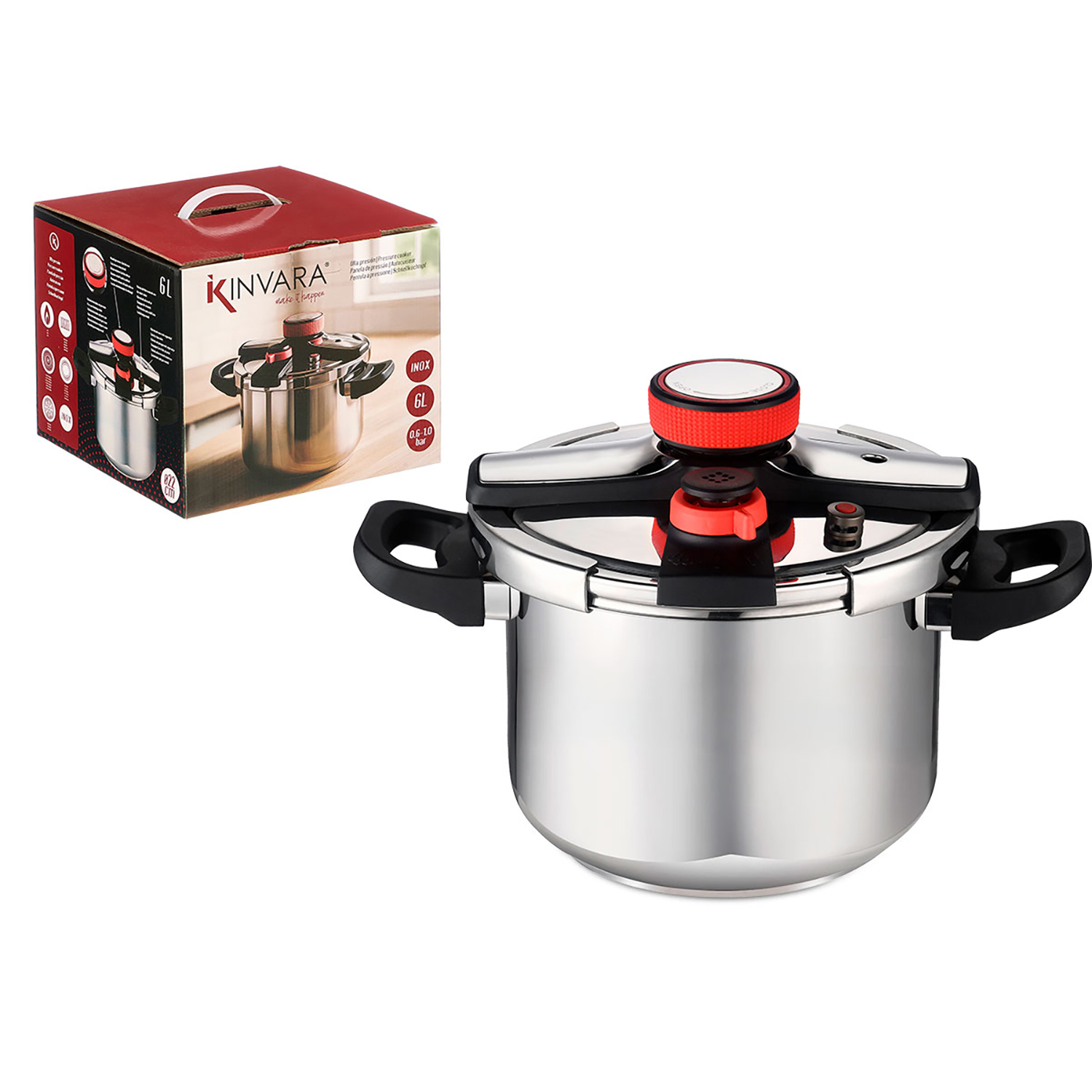Olla a presión de acero inoxidable con válvula y asas rojas, junto a su caja.