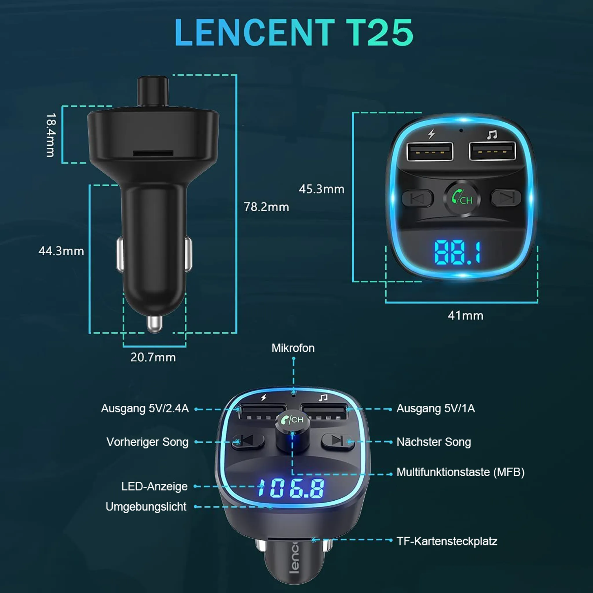 Schwarzer KFZ-Adapter mit zwei USB-Anschlüssen, LED-Anzeige und Tasten.