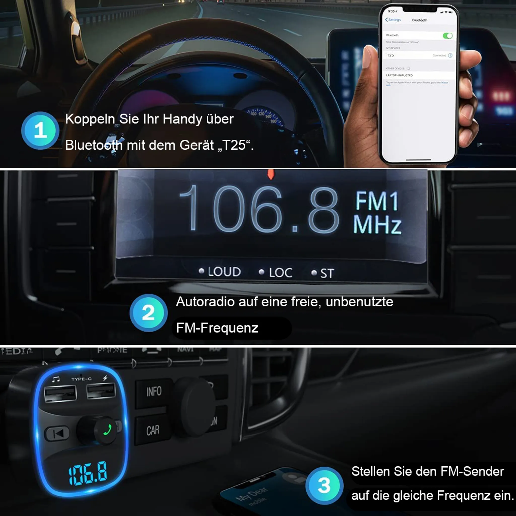 Ein Auto-FM-Sender wird über Bluetooth und FM-Frequenz mit dem Handy verbunden.