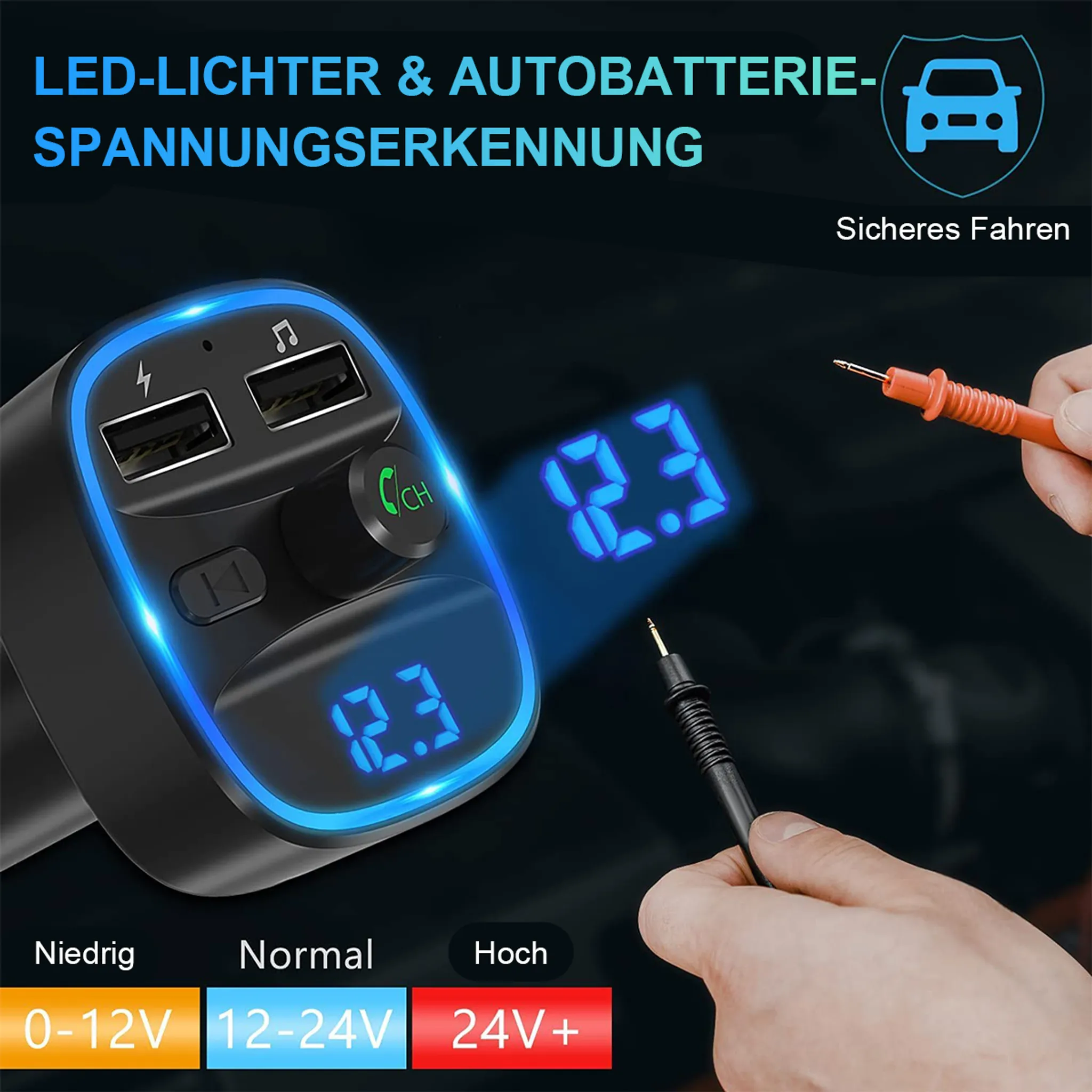 Ein schwarzer KFZ-Spannungsdetektor mit blauen LEDs zeigt 12.3V an.
