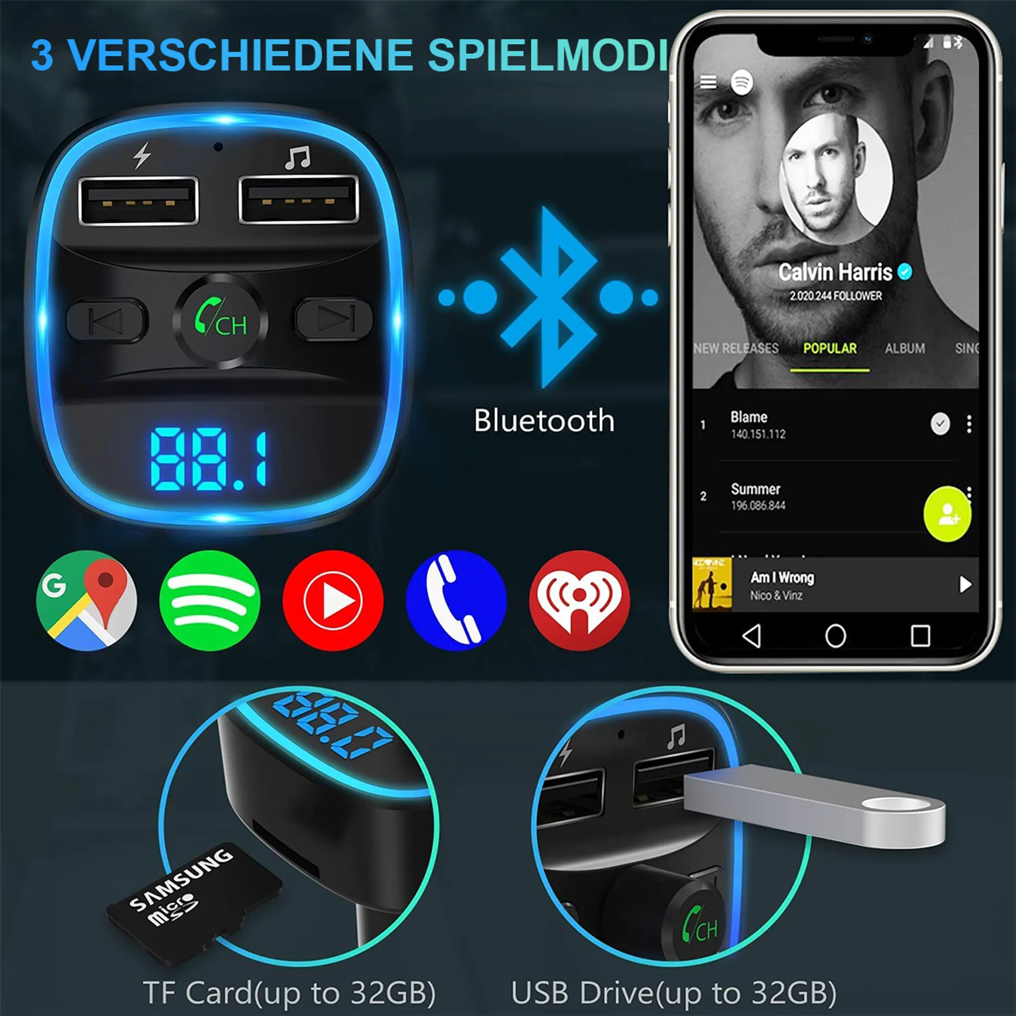 Ein Bluetooth-Sender mit zwei USB-Anschlüssen, SD-Kartensteckplatz und Telefonbildschirm.