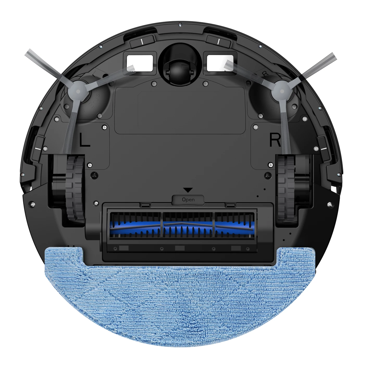 Unterseite eines schwarzen Saugroboters mit blauer Wischmopp-Auflage.