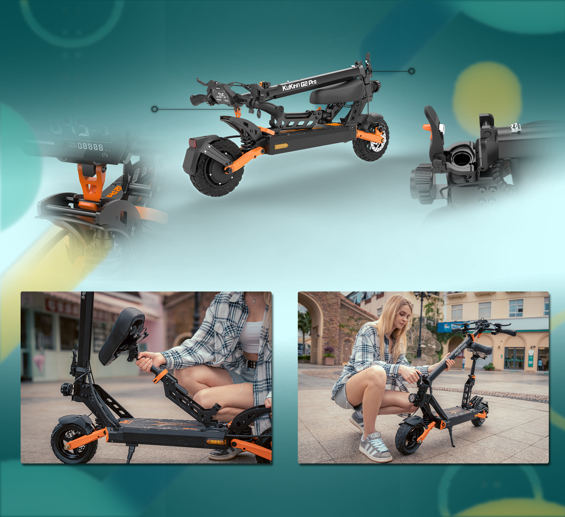 Ein schwarzer Elektroroller mit orangefarbenen Akzenten, der zusammengeklappt ist.