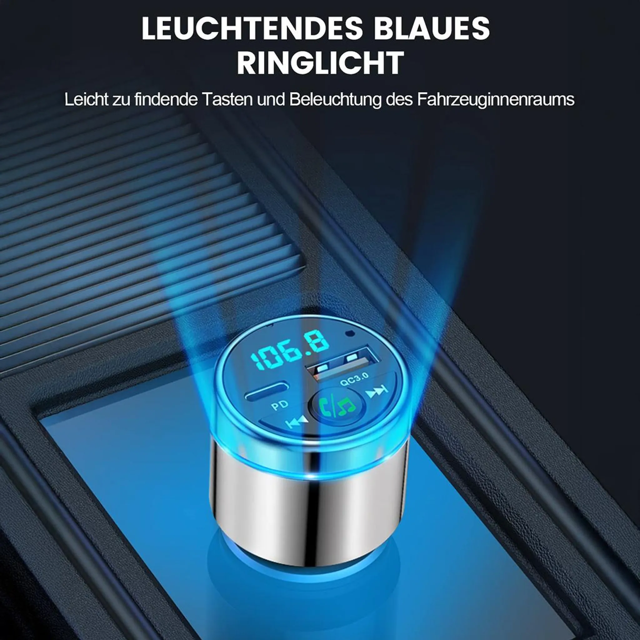 Ein blau beleuchteter Autoladegerät mit digitaler Anzeige und Tasten.