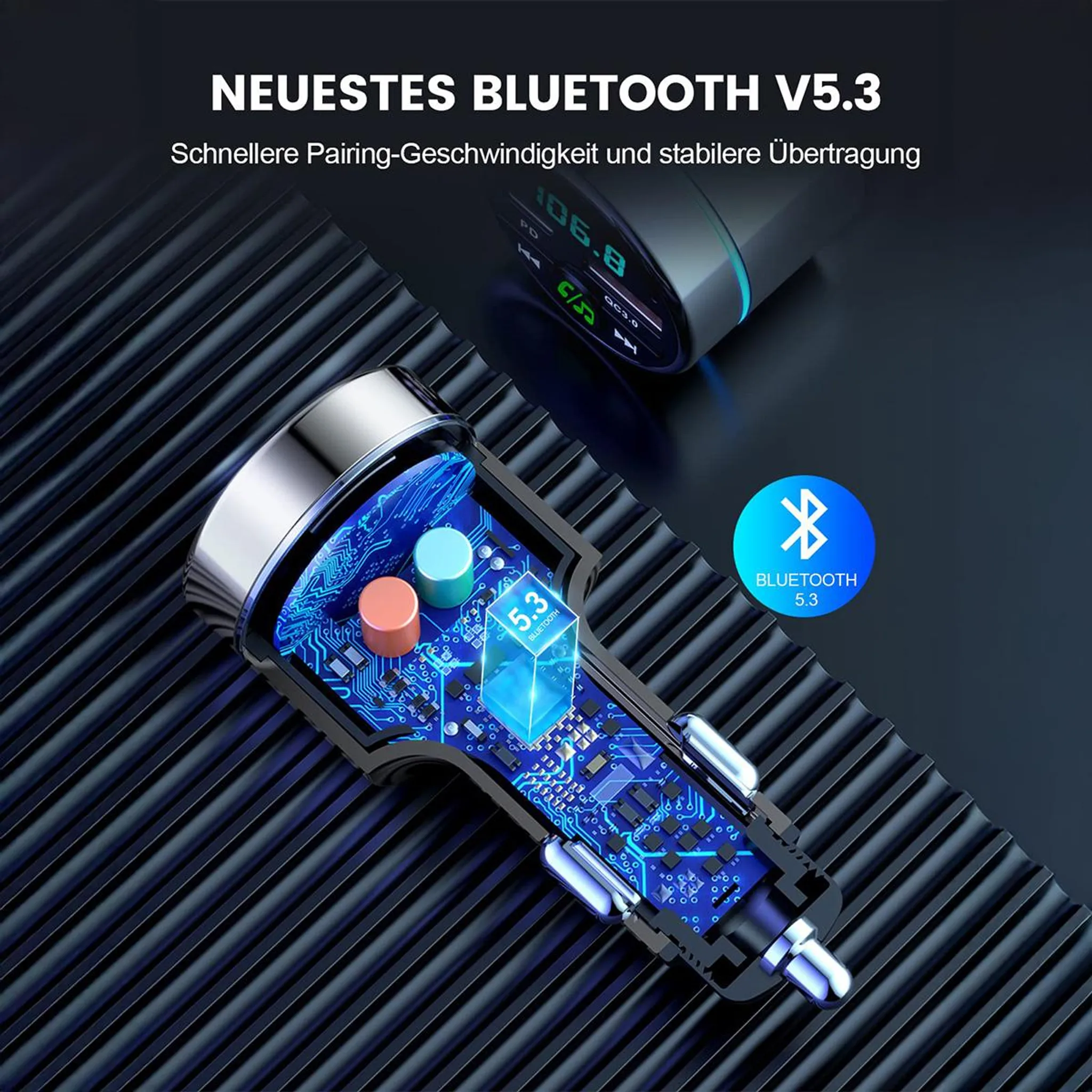 Ein Bluetooth 5.3 Auto-Ladegerät mit sichtbarer Platine und blauem Licht.